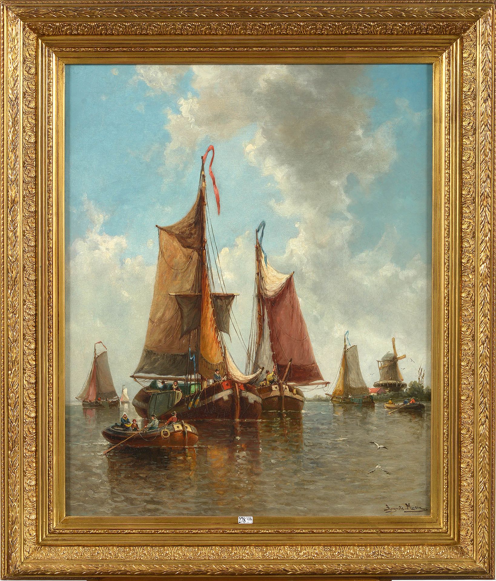 MUSIN Auguste (1852 - 1923) 镶嵌在画布上的油画《海港中的船只》。签名右下：Auguste Musin。比利时的学校。尺寸：+/-81&hellip;