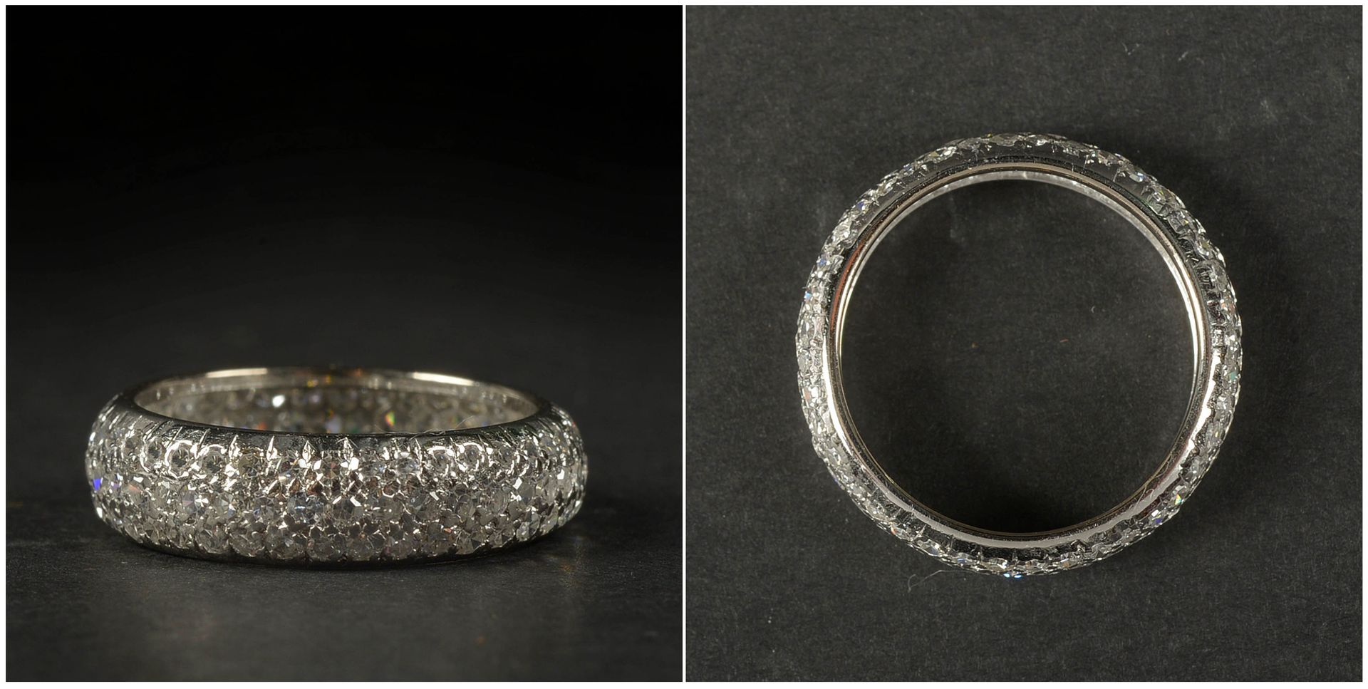 Null 美式结婚戒指，18K白金，镶嵌8/8切割钻石，总重+/-1克拉（颜色：E-F；净度：VS-SI）。手指（公制）：52。总重量：+/-3.4gr。