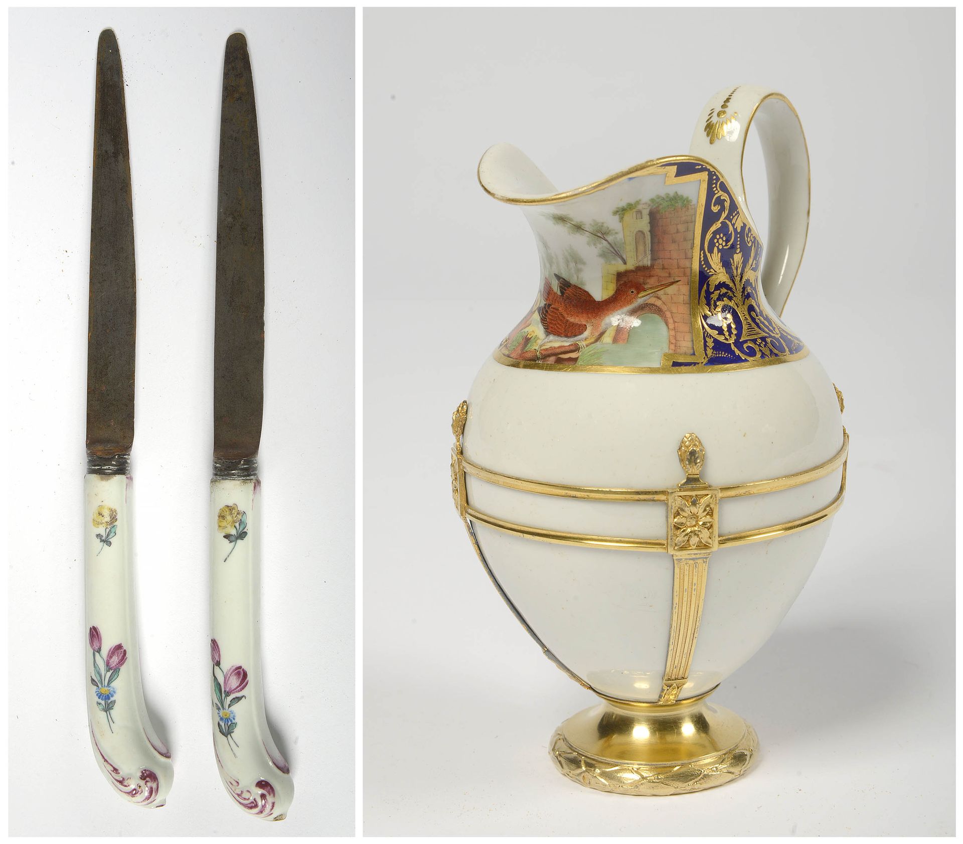 Null 一套三件：图尔奈多色瓷奶壶，蓝色和金色背景上有 "鸟 "的装饰，是Philippe d'Orléans公爵服务的一部分。法国银质镀金950/1000，&hellip;