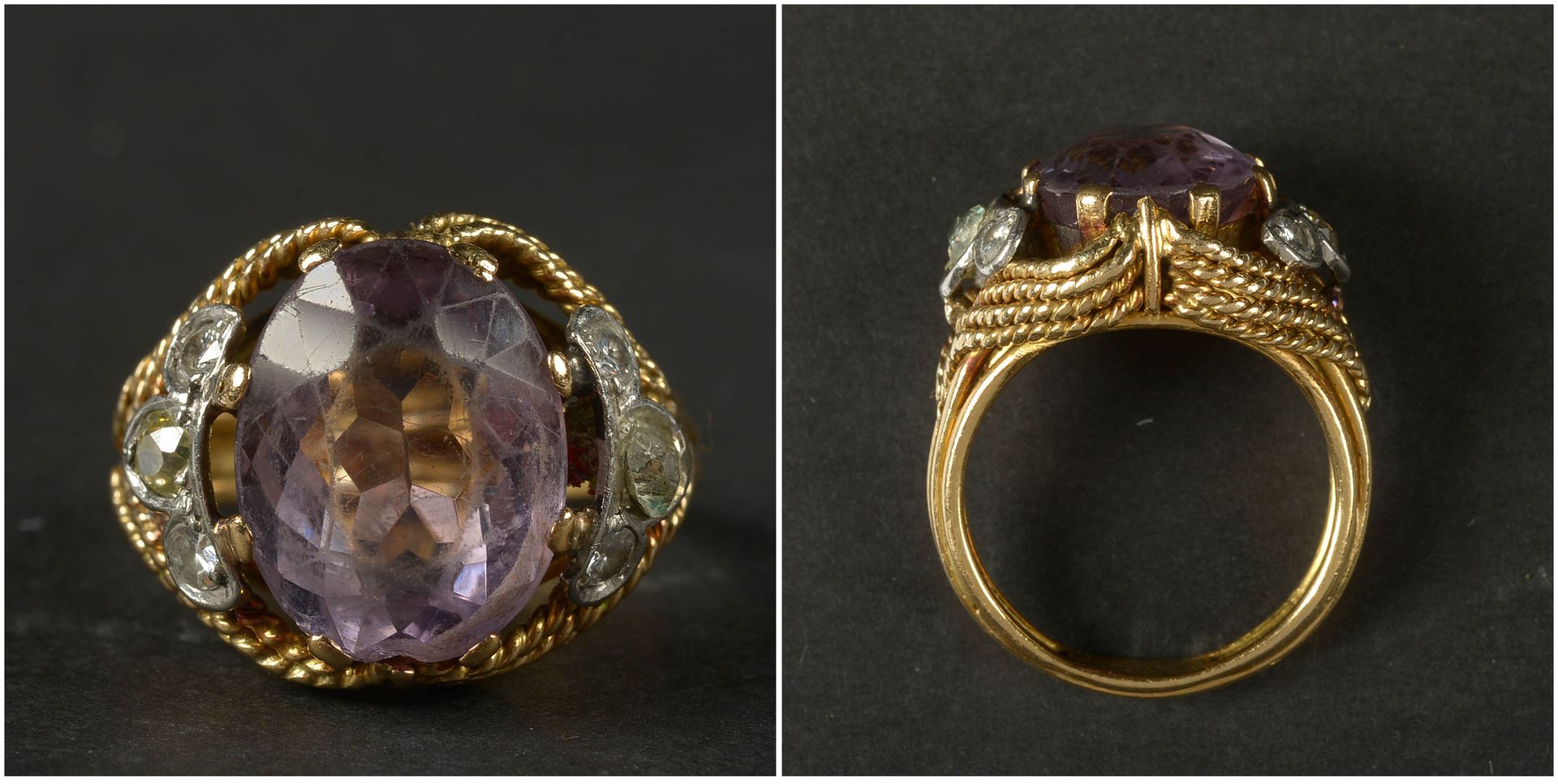 Null 18K黄金戒指，镶嵌紫水晶和老式切割钻石，总重量为+/-0.50克拉。手指大小（公制）：59-60。总重量：+/-11.6grs。