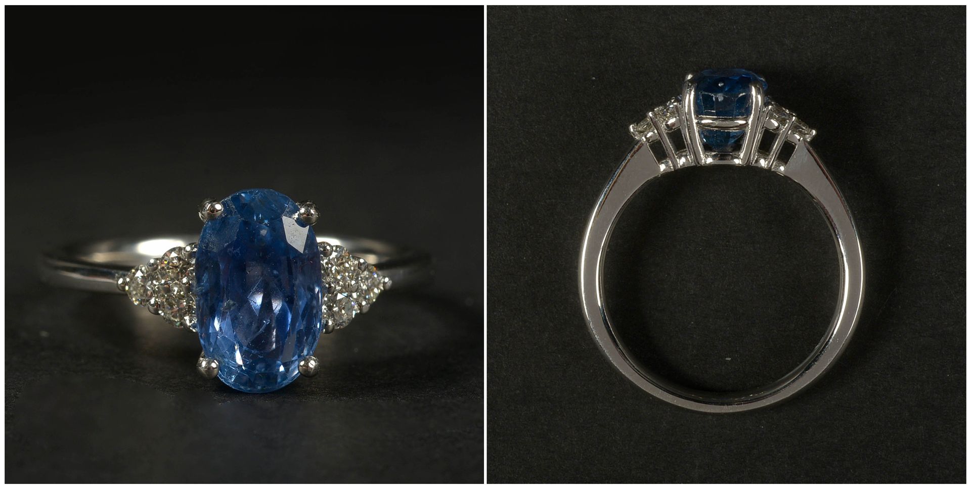 Null 18K白金戒指，镶嵌了一颗+/-3.22克拉的天然椭圆形缅甸蓝宝石（深蓝色；透明）和总重+/-0.12克拉的明亮型切割钻石。附上国际宝石协会2012年&hellip;