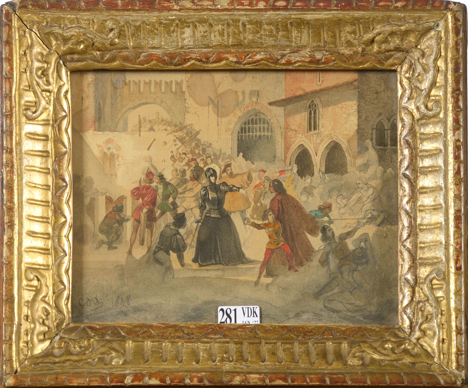 DELL'ACQUA Cesare (1821 - 1905) "马蒂尔德侯爵夫人从亨利四世手中夺回曼图亚》纸上水彩画。左下方有C.D.A.的字样，代表Cesa&hellip;