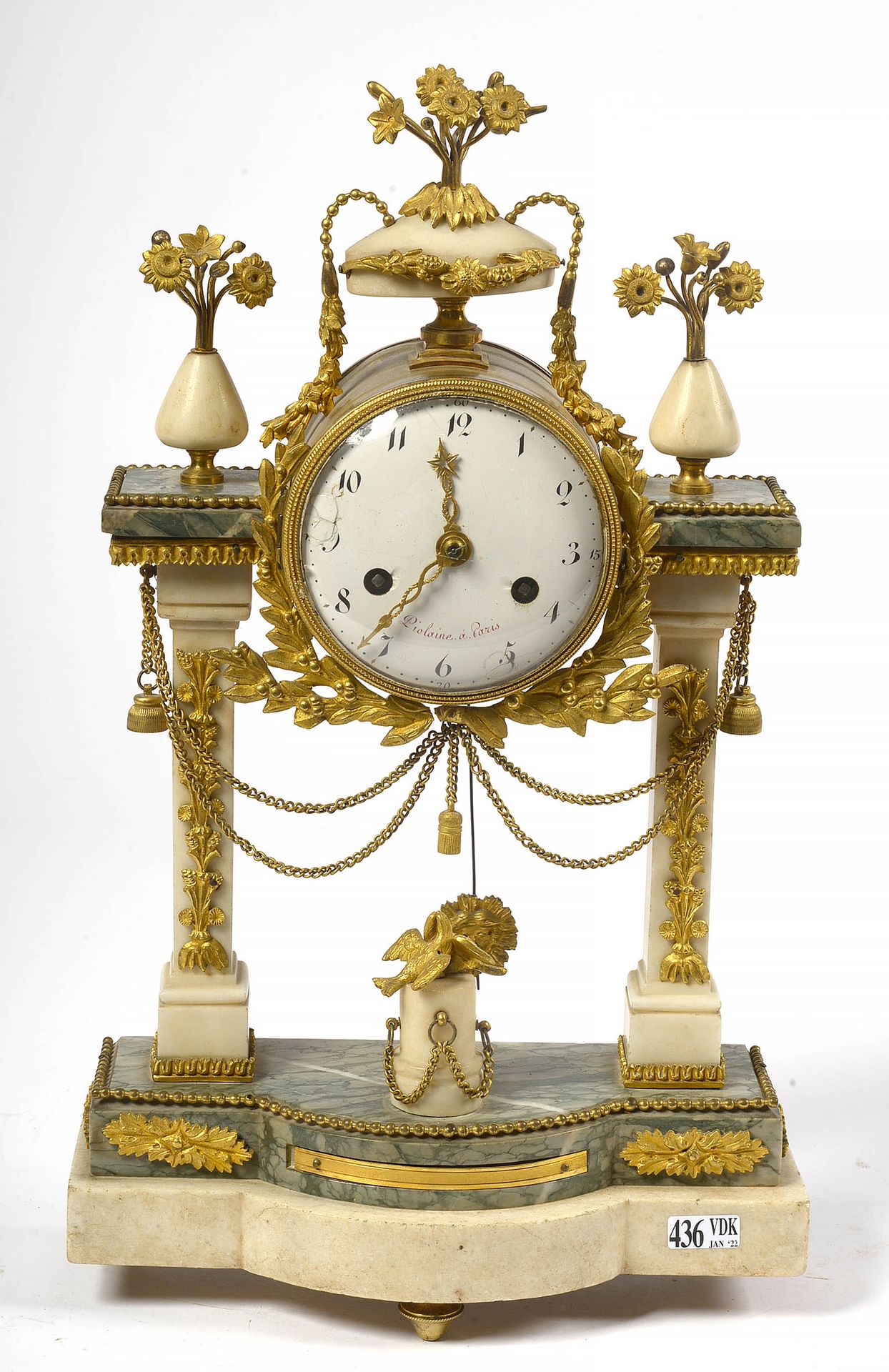 Null A Louis XVI portico clock in white and green marble with ormolu ornaments t&hellip;