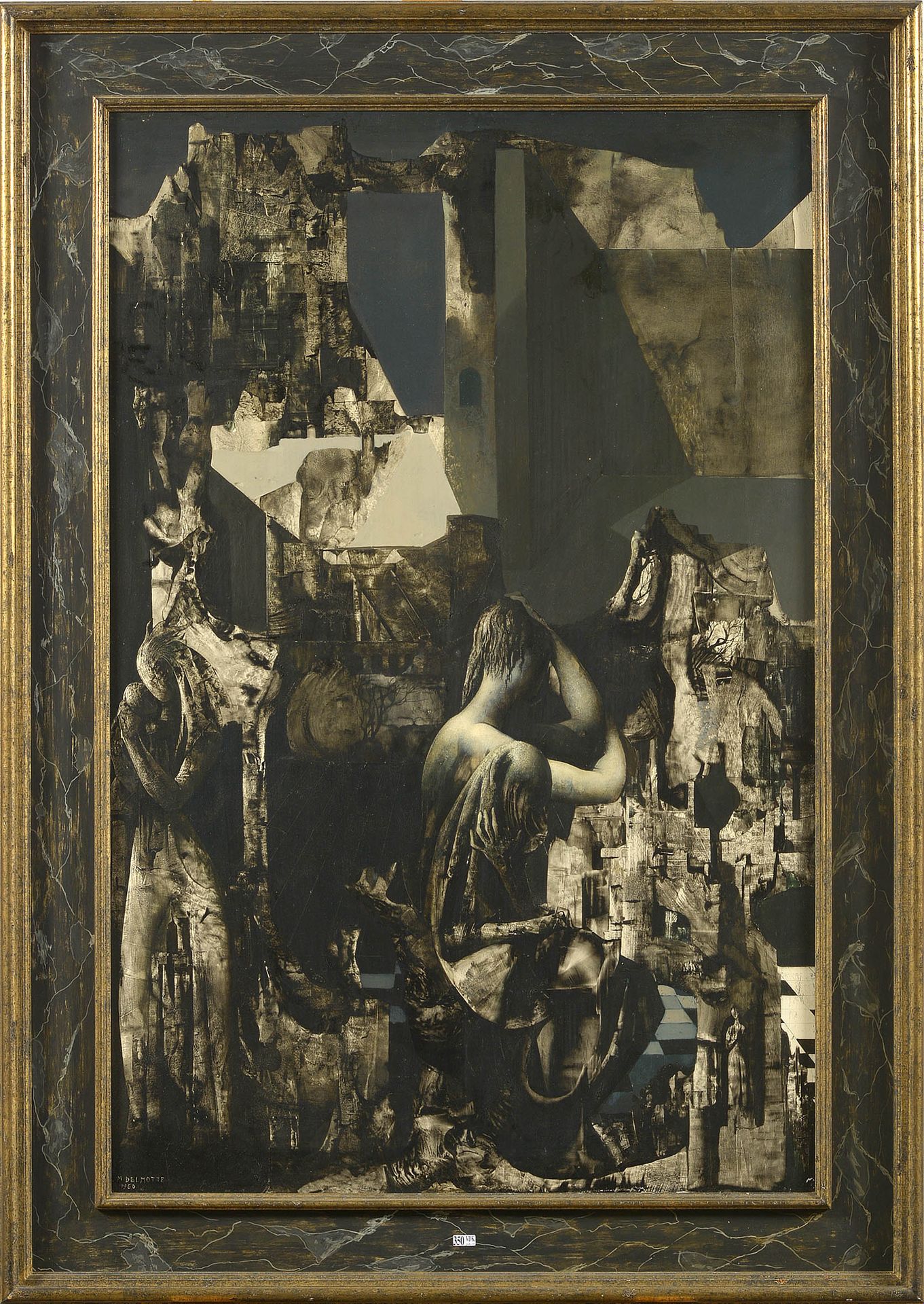 DELMOTTE Marcel (1901 - 1984) 油画作品《黑白超现实主义风景上的人物》，无光板。左下角有M. Delmotte的签名和1960年及背&hellip;
