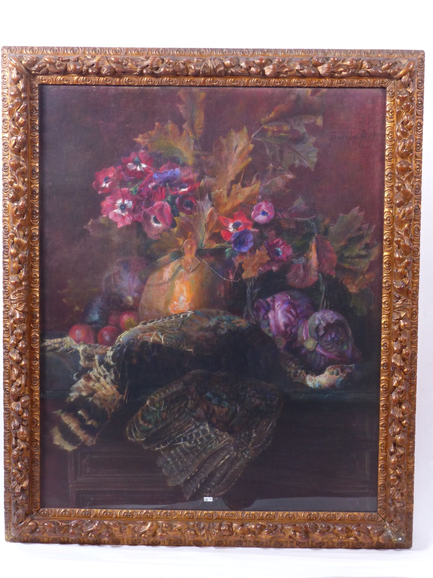 ART Berthe (1857 - 1934) "黑火鸡、卷心菜和海葵"，粉彩纸上的粉彩画。右上角签有Berthe Art的字样。 比利时学校。在背面看到吉鲁&hellip;