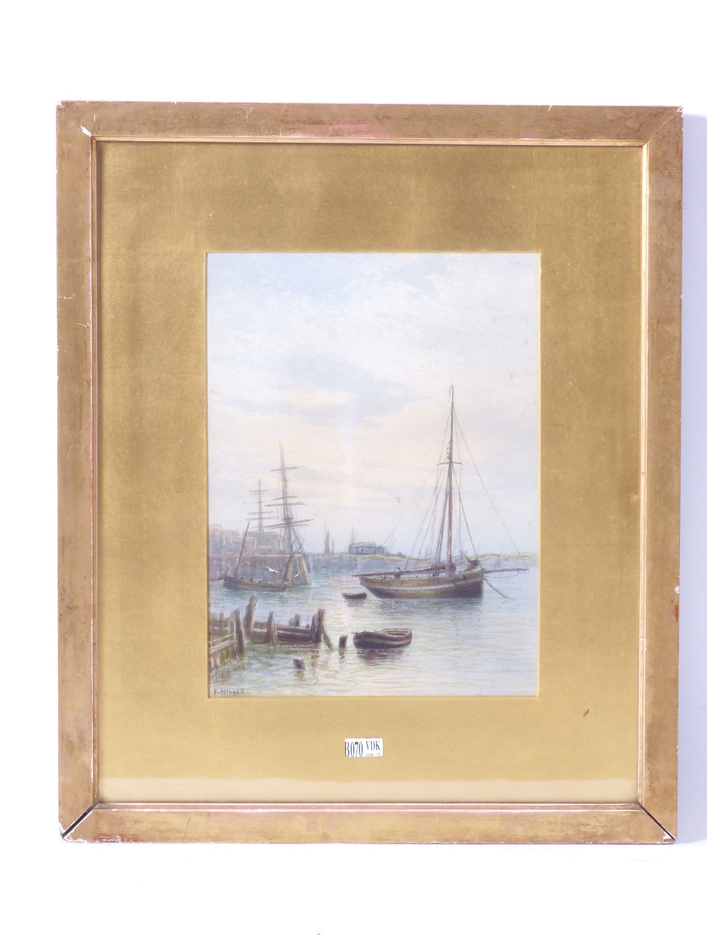Null 纸上水彩画《黑斯廷斯港？签名为弗雷德里克-米勒。尺寸：29x22厘米。