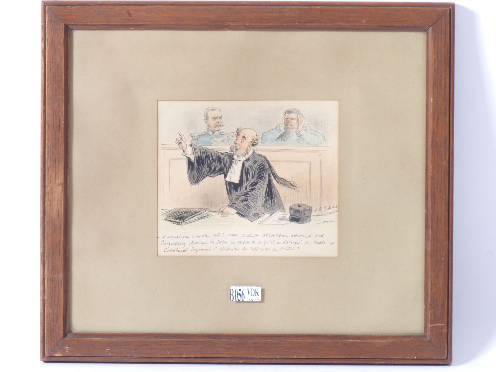 Null 水墨画《被告》。签名：朱尔斯-雷纳德-德拉纳。尺寸：12,5x15厘米。
