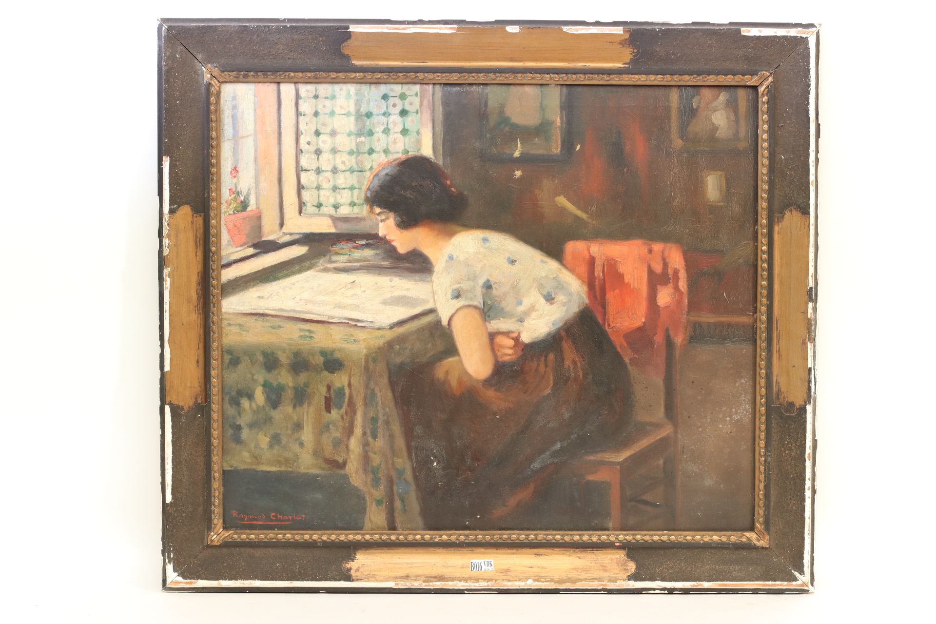 Null 布面油画《读书的女人》。签名：雷蒙德-夏洛。尺寸：50x60厘米。