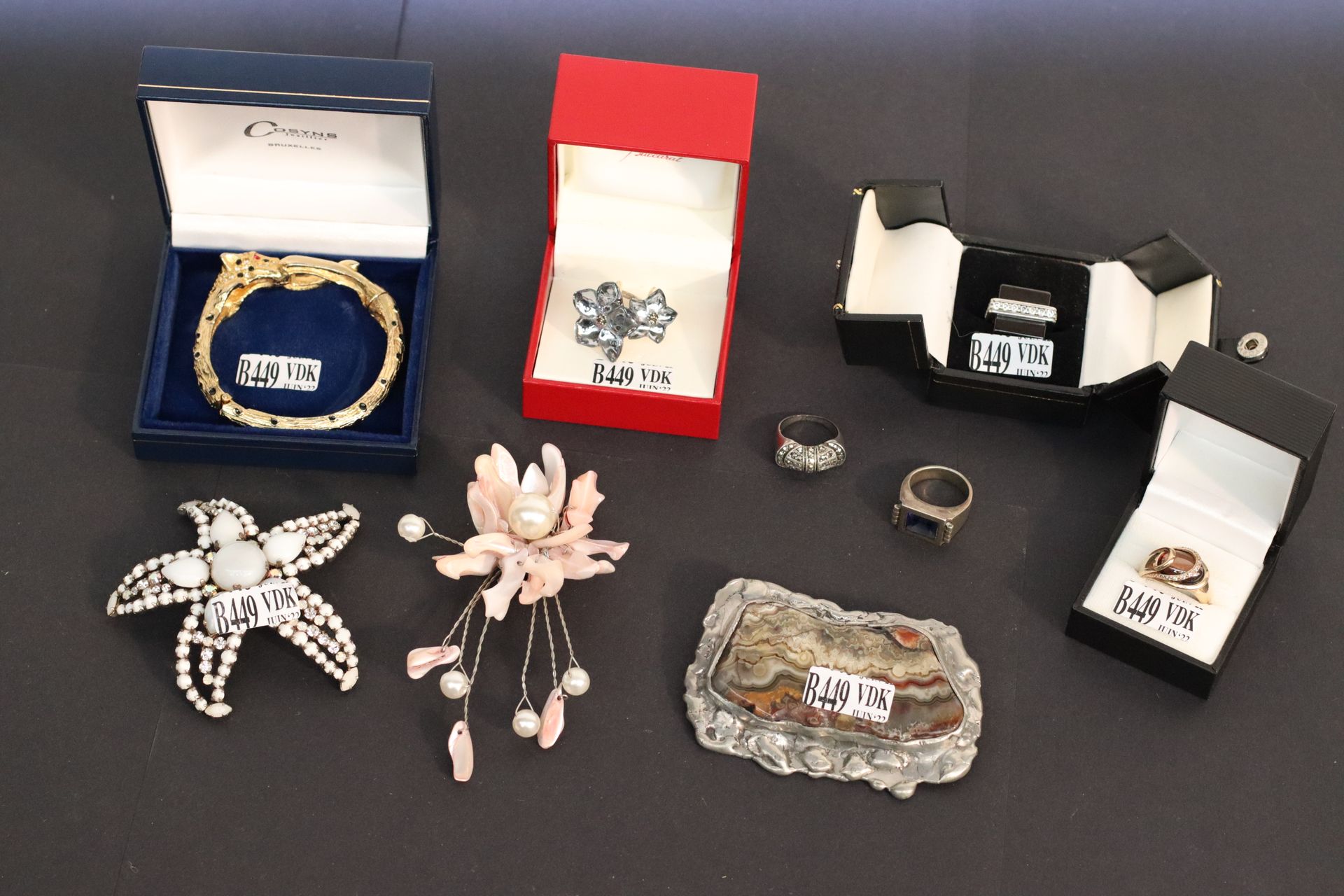 Null 一系列服装珠宝，包括银质玛瑙胸针、巴卡拉戒指、泰德-拉皮杜斯戒指、 ...