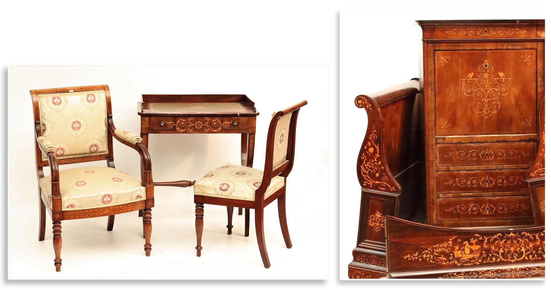 Null 一张带盒式弹簧和床垫的私生子床，一张敞篷车，一把椅子，一个带挡板的秘书和一张带抽屉的小桌子，是查理十世风格的红木或紫檀木上的浅色镶嵌画。年代：19世纪&hellip;