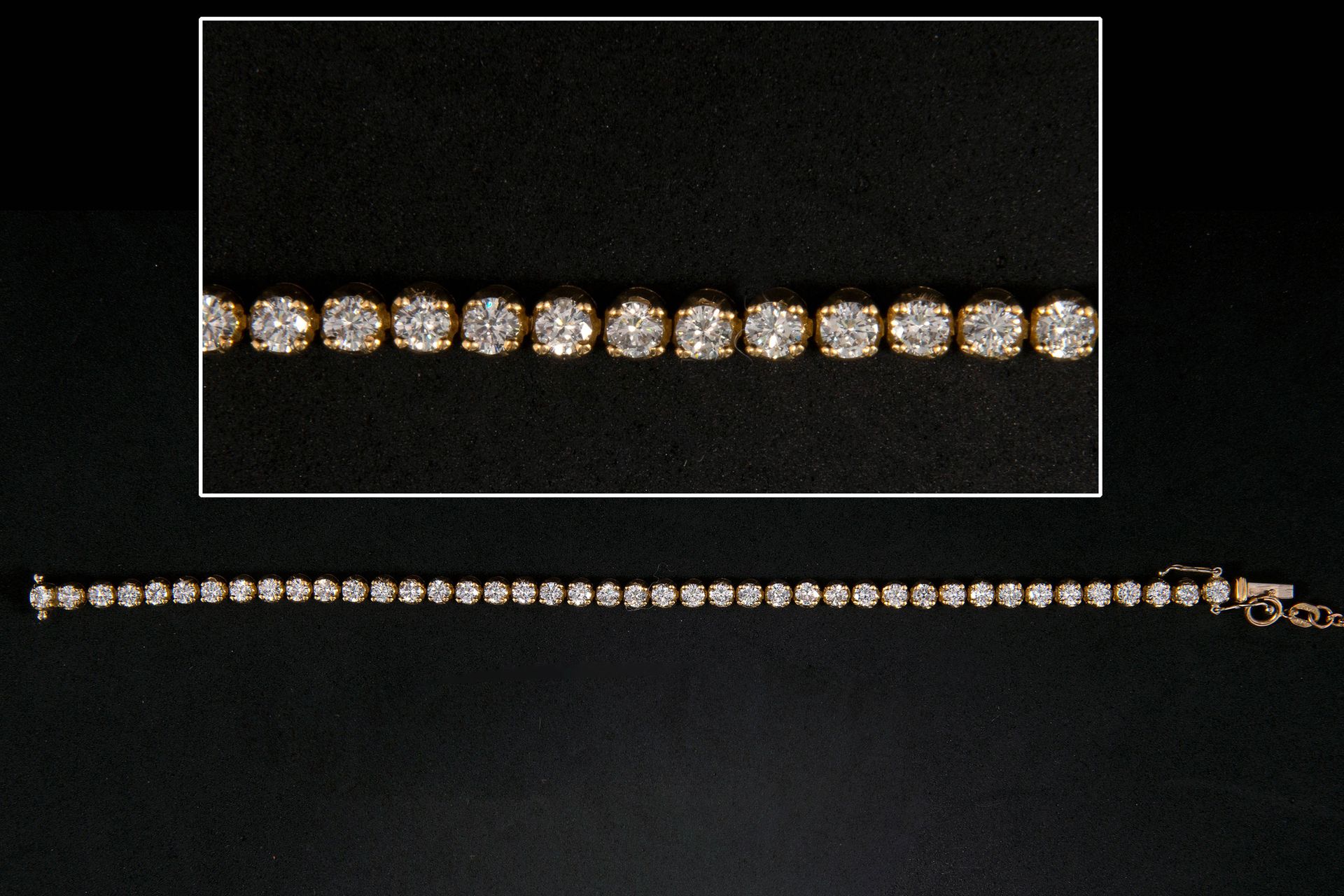 Null 18克拉黄金手链（及其9克拉黄金安全链），镶嵌总重+/-5.70克拉的明亮型切割钻石（颜色：I-J；净度：VVS-VS-SI）。长：+/-19厘米。总&hellip;
