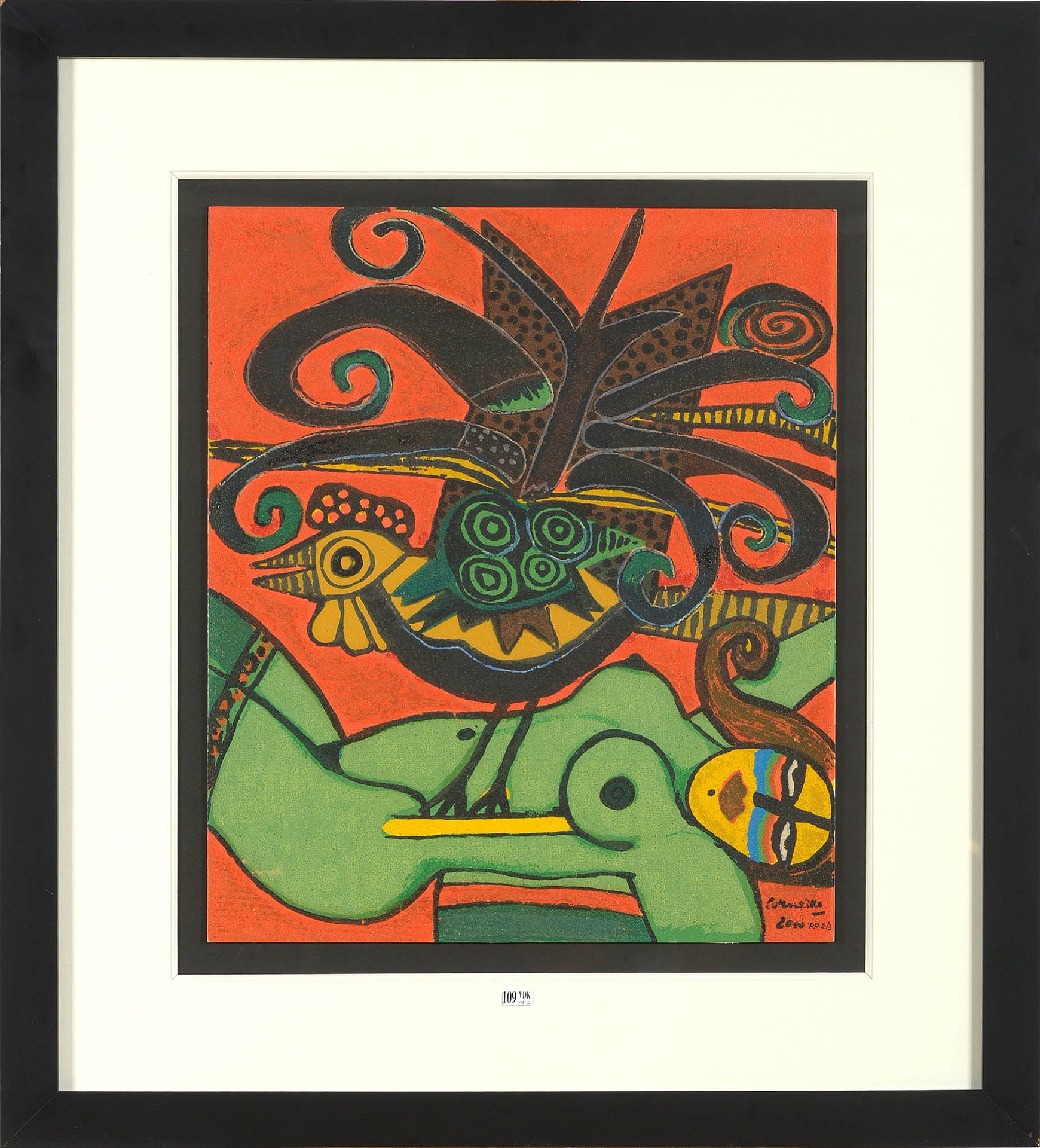 CORNEILLE (1922 - 2010) "女性裸体和公鸡 "纸上彩色石板画（?）。右下角署名 "Cornelius"，日期为2000年。编号为2/3。比&hellip;