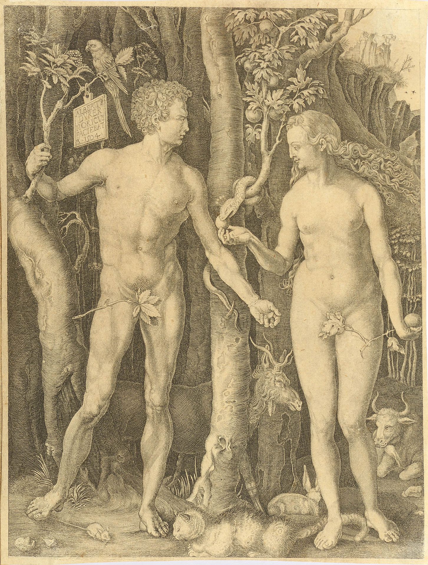 DURER Albrecht (1471 - 1528) "亚当和夏娃 "铜版画，黑白两色，铺设在有水印的纸上。版面上有Albert Dürer的签名，日期为1&hellip;