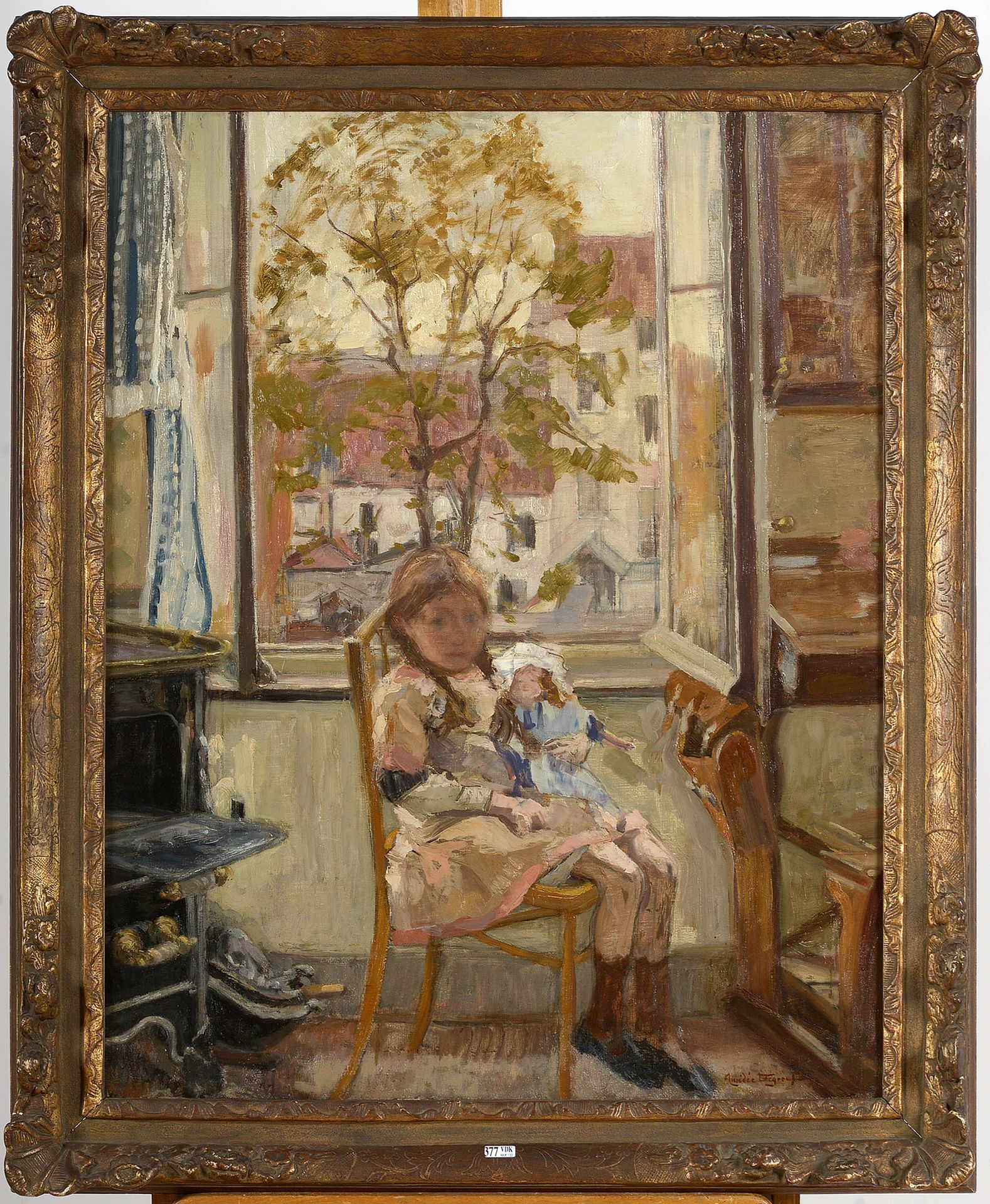 DEGREEF Amédée (1878 - 1969) 布面油画 "窗前的年轻女孩"。签名右下：Amedée Degreef。看到背面有一个标签，上面有艺术家&hellip;