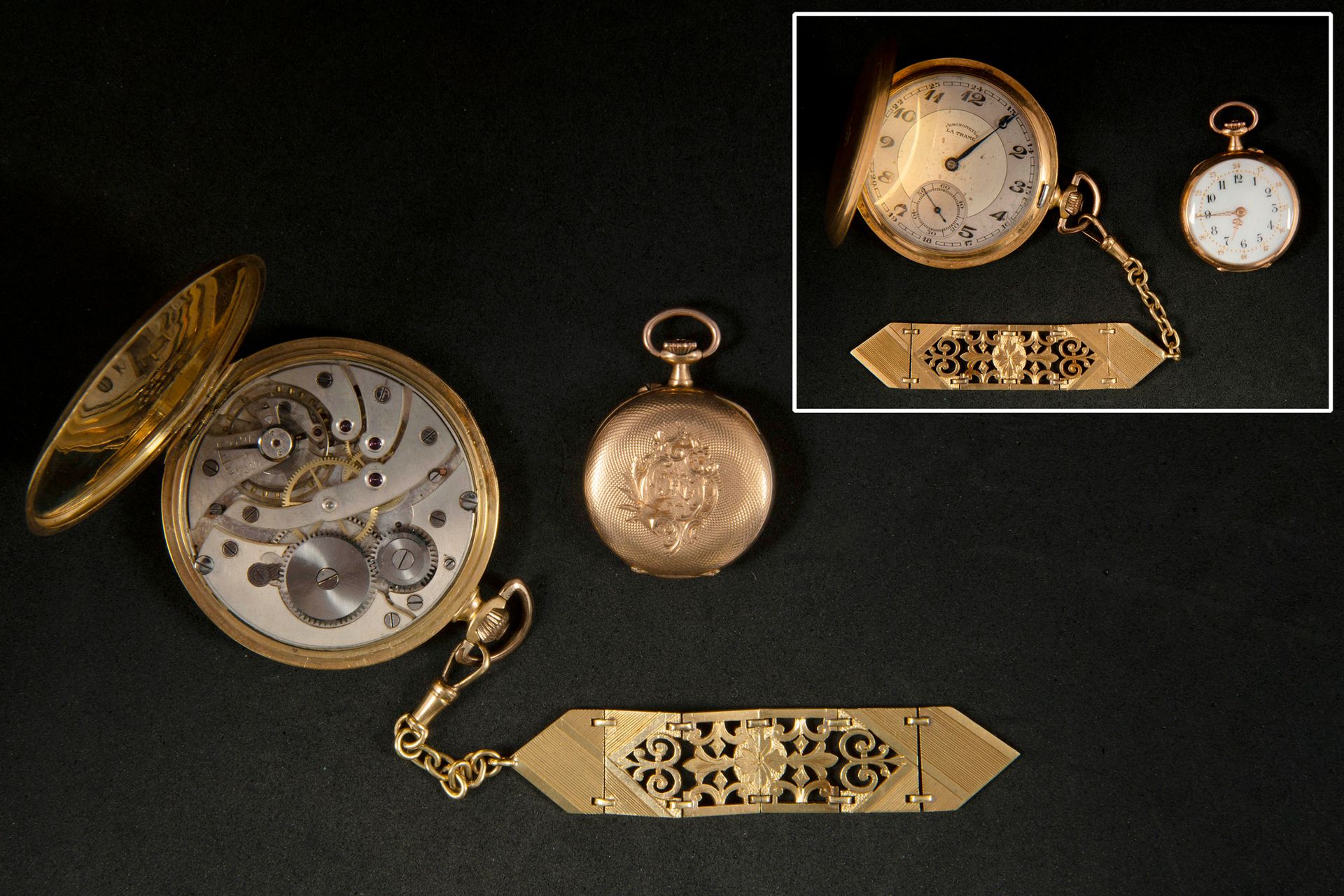 Null Dos relojes gousset de oro amarillo de 18 quilates y un chatelaine de oro a&hellip;