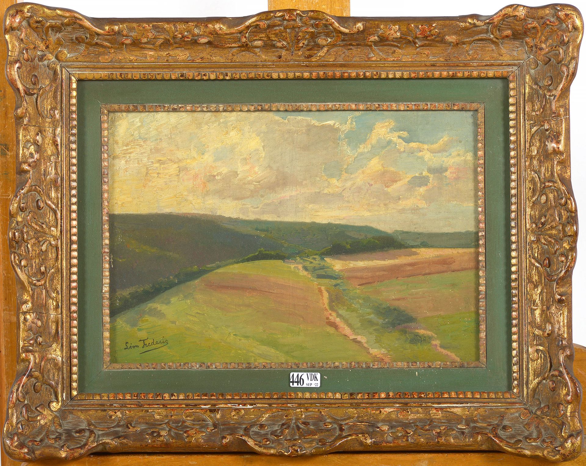 FREDERIC Léon (1856 - 1940) 裱在画板上的油画《阿登风景》。签名左下：Léon Frédéric。比利时的学校。请看背面的手写标签 "&hellip;