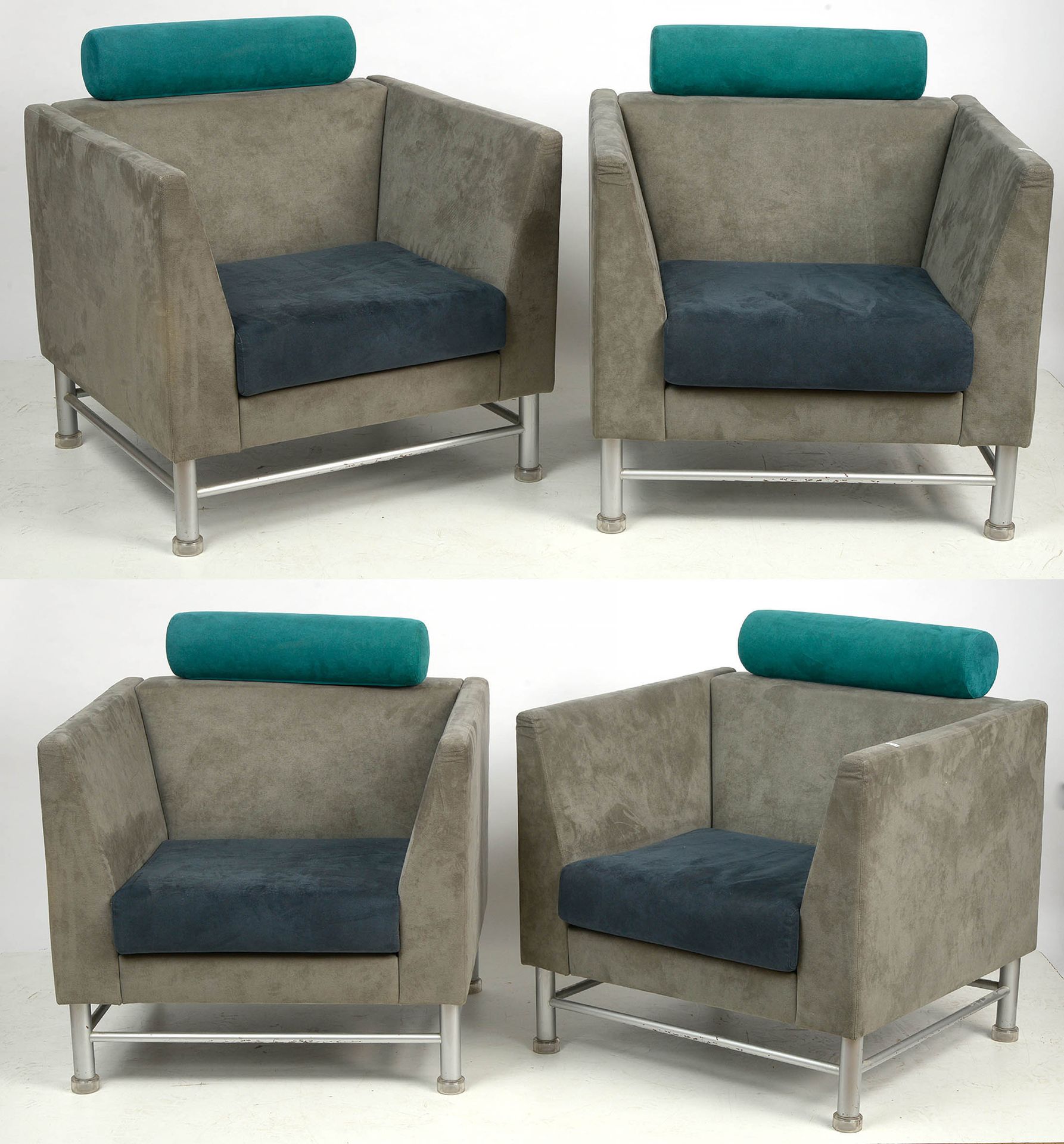 SOTTSASS Ettore (1917 - 2007) 一套四把 "东侧 "休闲椅，镀铬钢架，饰以半透明塑料端盖，用灰色、深蓝色和绿色织物装饰。座椅下面的软&hellip;
