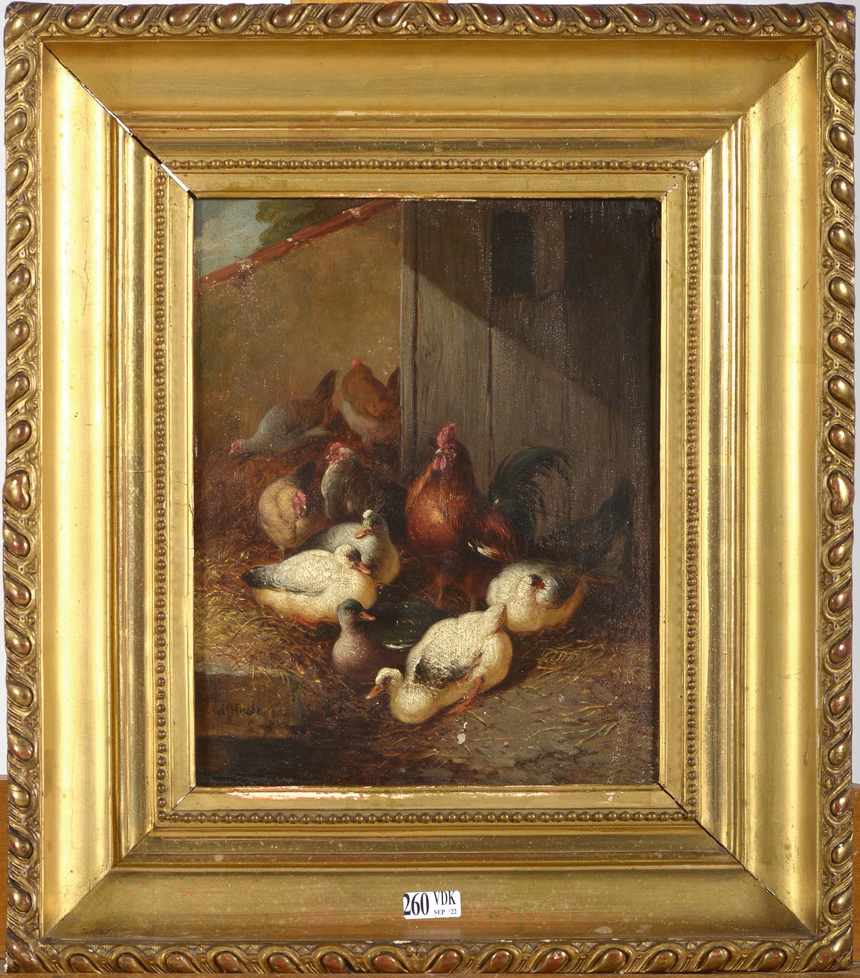 HAESE (XIXème) Huile sur panneau de merisier "Basse cour avec canards, poules et&hellip;