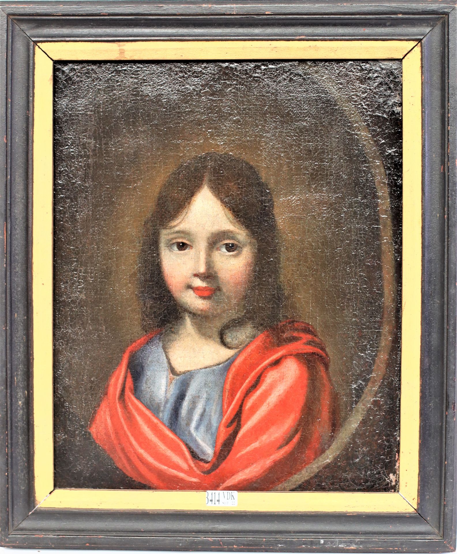 Null 镶嵌在画布上的油画《儿童耶稣肖像》。匿名。法国学校。时期：1700年左右。尺寸：+/-36x29厘米。