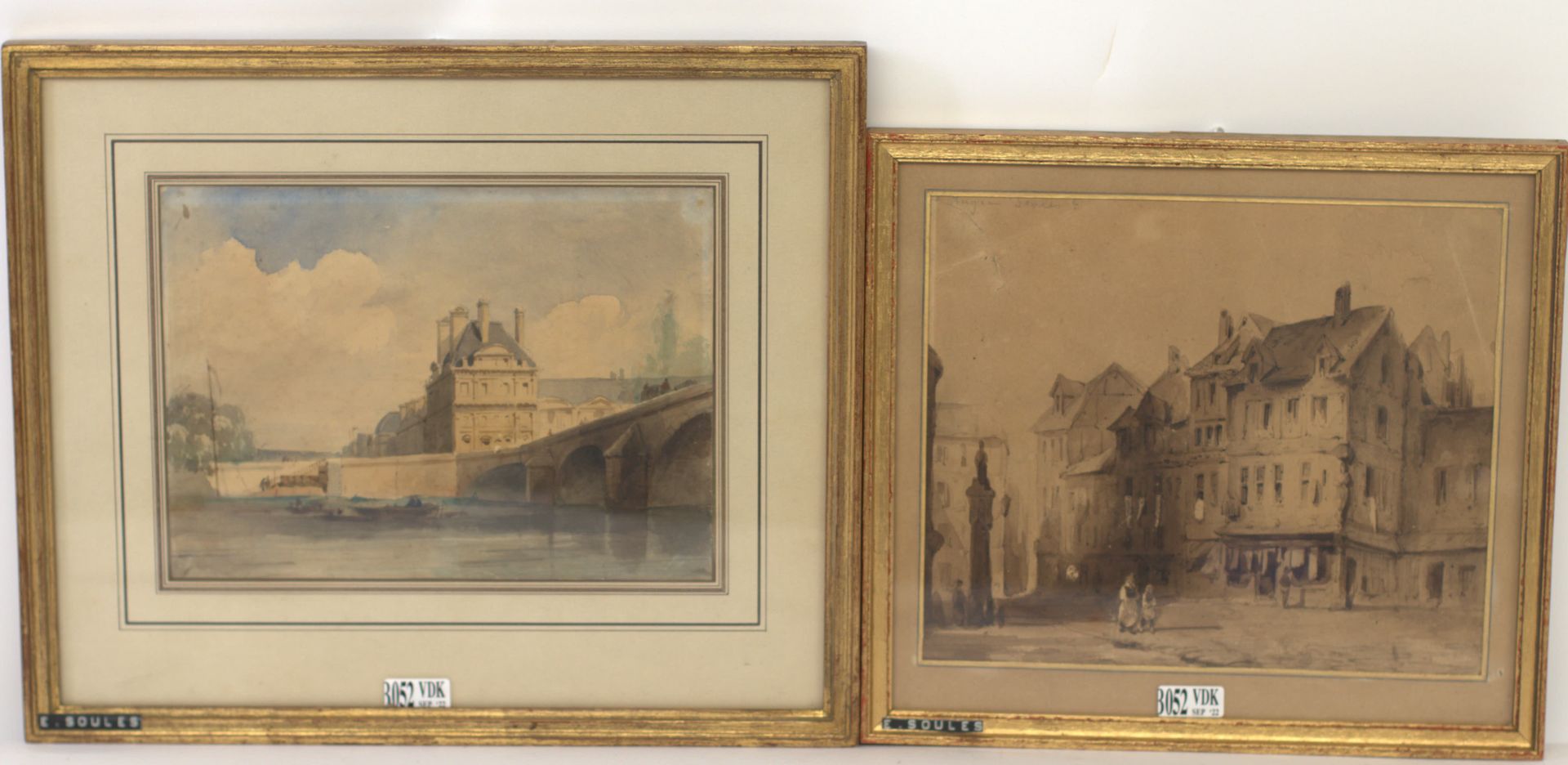 Null 两幅水彩画或水洗画《巴黎桥》（20,5x15cm）和《动画街》（20x17cm）。_x000D_

签名：Eugène Soules。