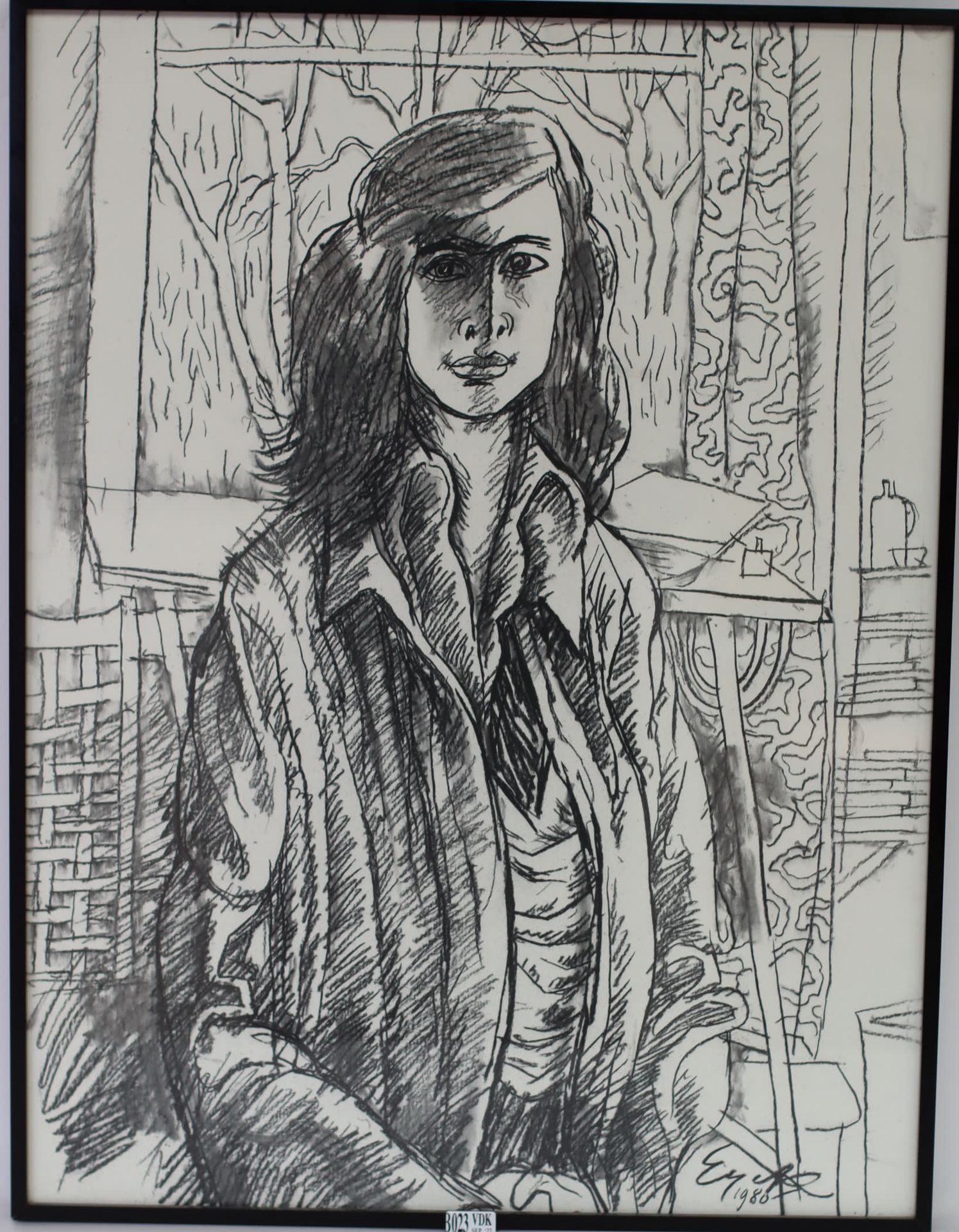 Null "年轻女子的肖像 "炭笔画。_x000D_

签名：Charles Eyck，日期：1980年_x000D_

60x46厘米