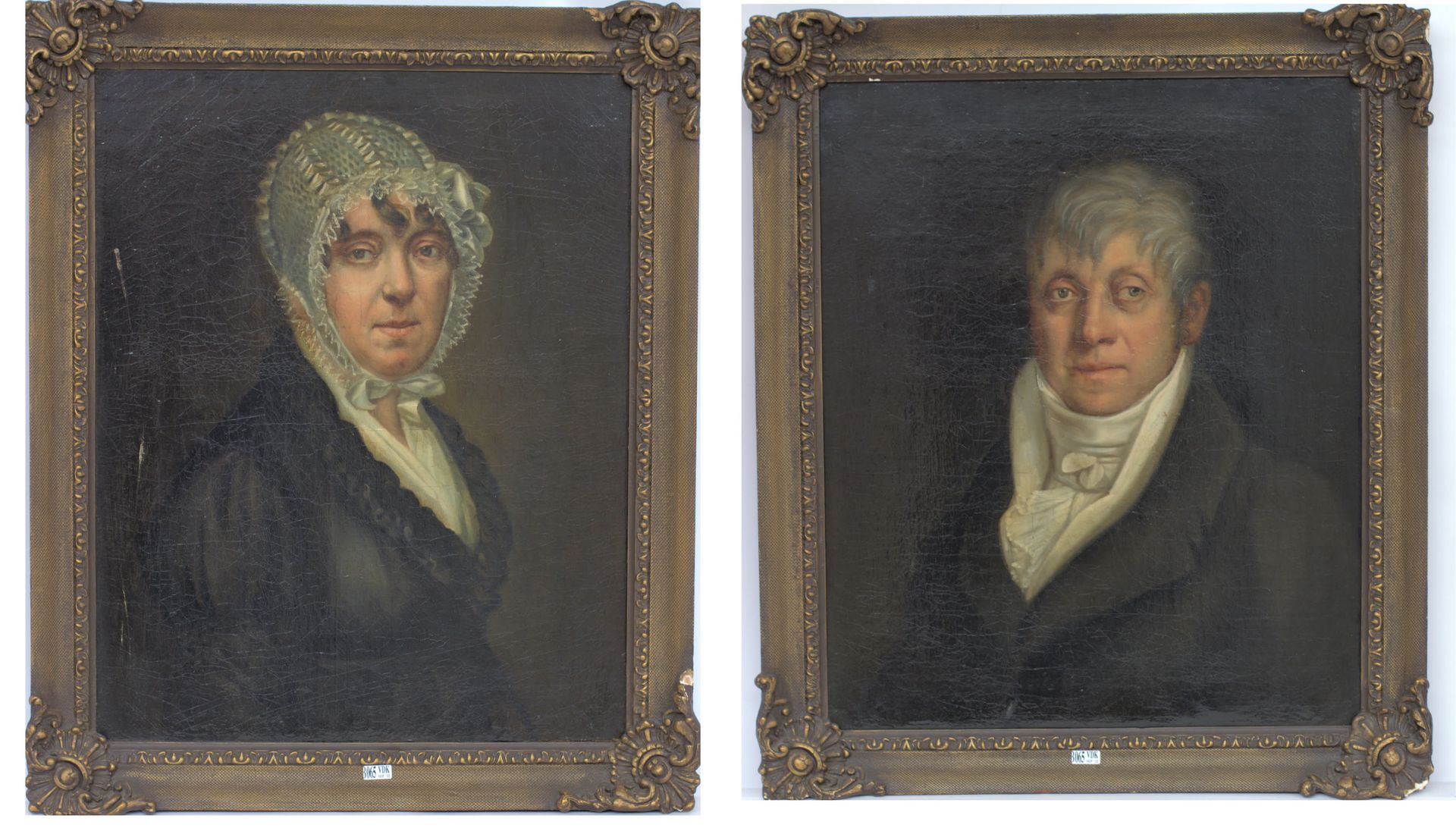 Null 布面油画《绅士和他妻子的肖像》一对。匿名。年代：19世纪（划痕为一）。尺寸：+/-59x47厘米。
