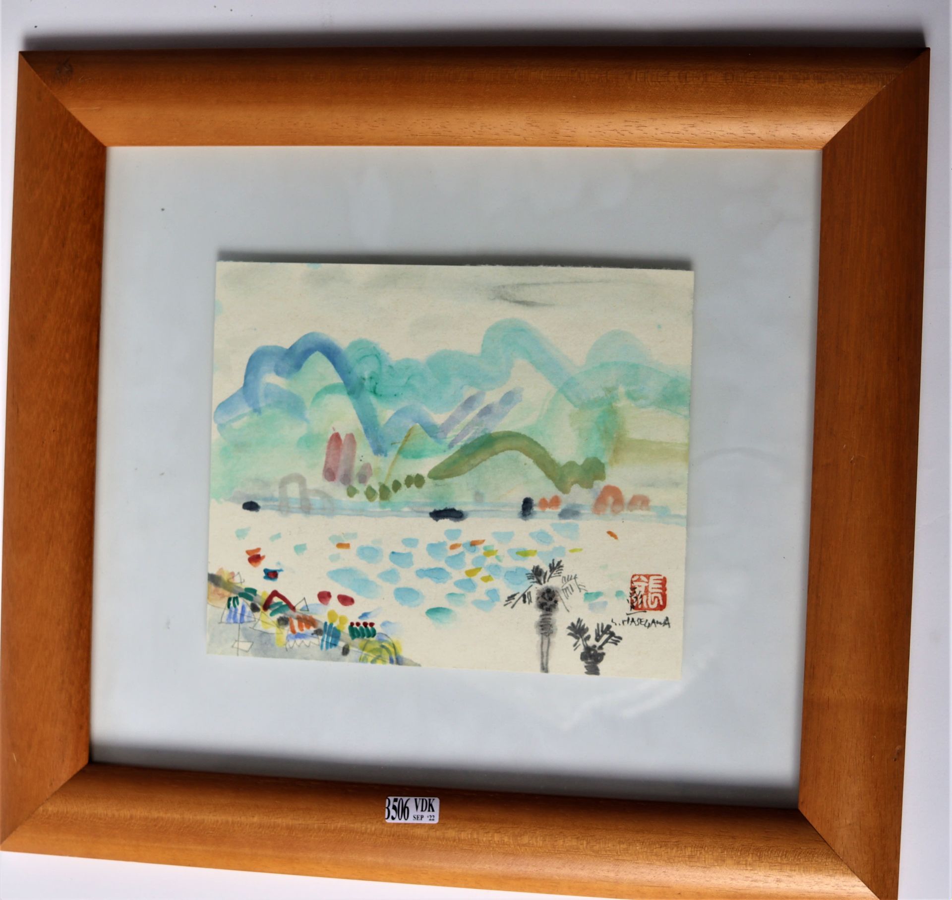 Null 纸上水彩画《湖景》。由艺术家长谷川正一签名并盖章。尺寸：18.5x22.5厘米。