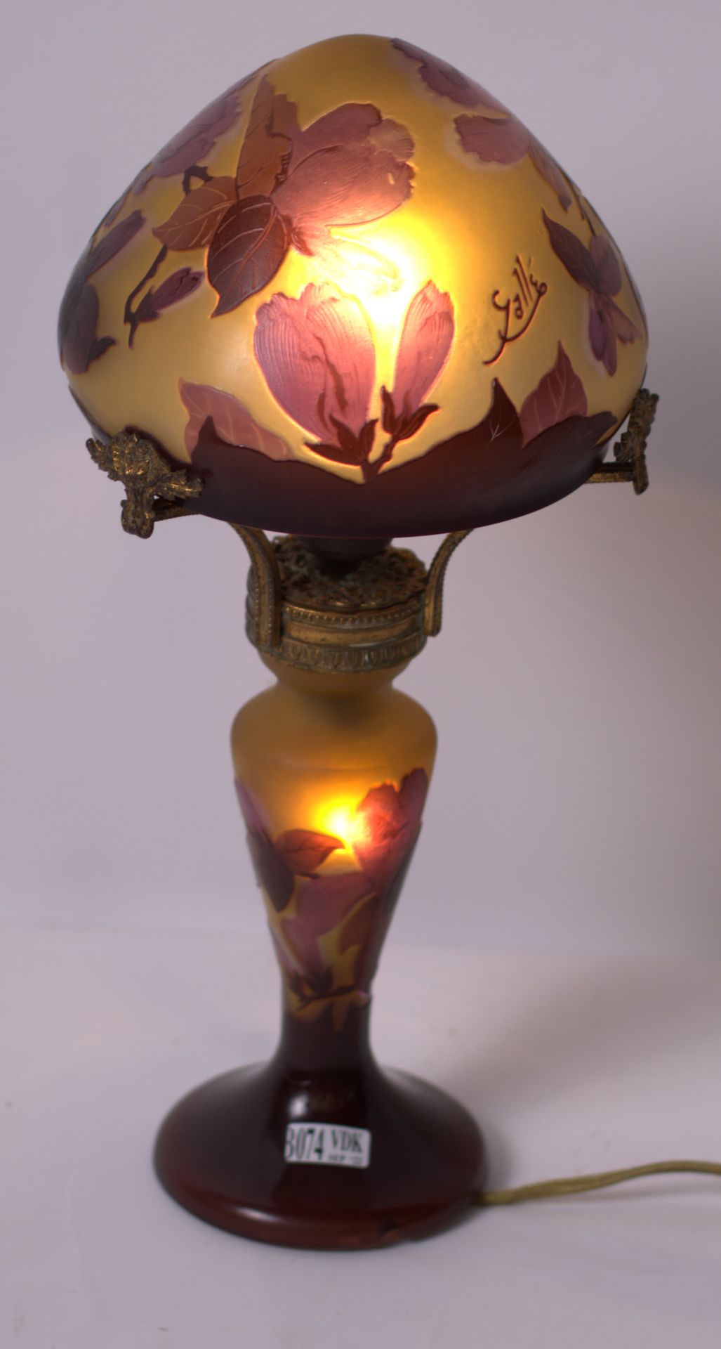 GALLE EMILE Mushroom lamp Art nouveau in multi-layer glass paste with violet flo&hellip;