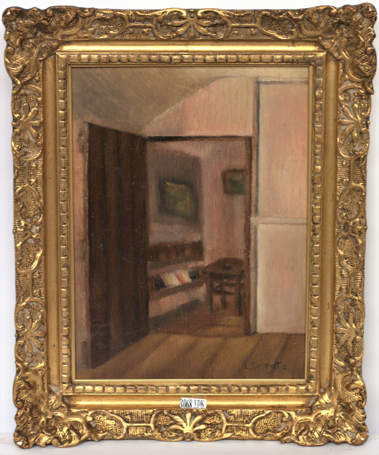 Null 油画板上 "室内"。_x000D_

签名为Louis Thévenet，日期为1915年。_x000D_

31x23厘米
