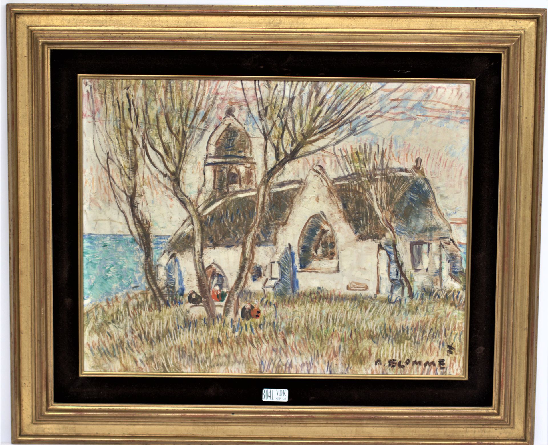Null 油画《海边的小教堂》。_x000D_

签名：阿方斯-布隆姆。

尺寸：30 x 38厘米。