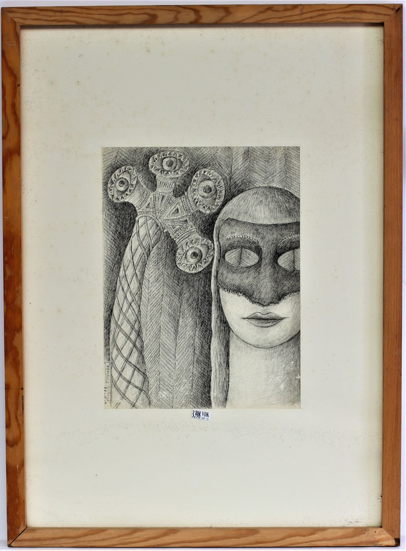 Null Dibujo a tinta "La máscara". Firmado Armand Simon 21/3/69. Tamaño: 36x27cm.