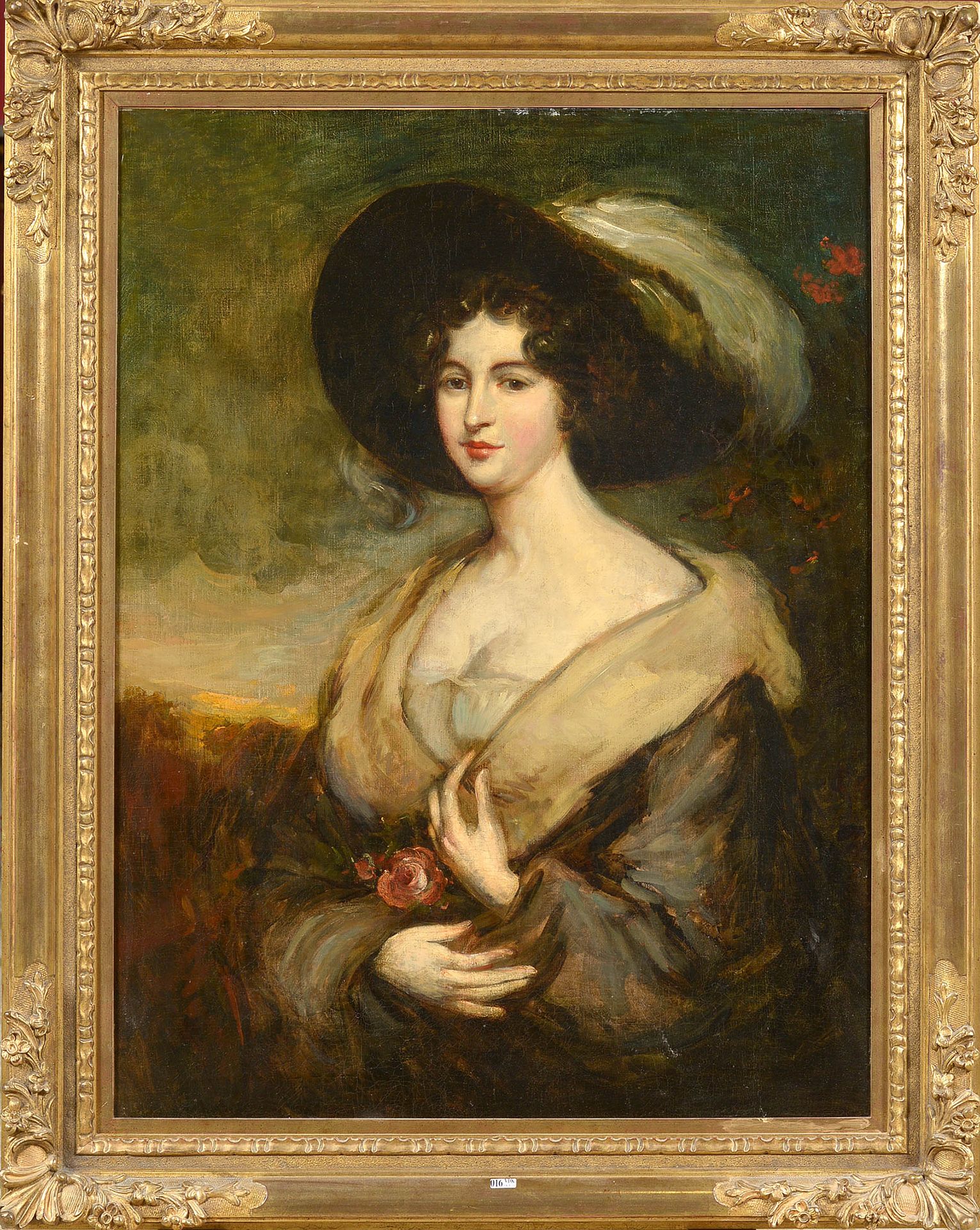 Null 布面油画《风景背景下戴帽子的优雅女人》。匿名。英语学校。年代：18世纪（？）尺寸：+/-101x76,5cm。