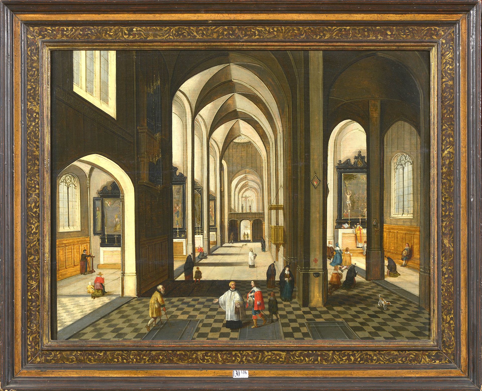 Null 橡木板上的油彩与镶木板 "动画的教堂内部"。匿名。安特卫普的佛兰德学校。年代：17世纪。出处：曾收藏Nève de Mévergnies和van Yp&hellip;
