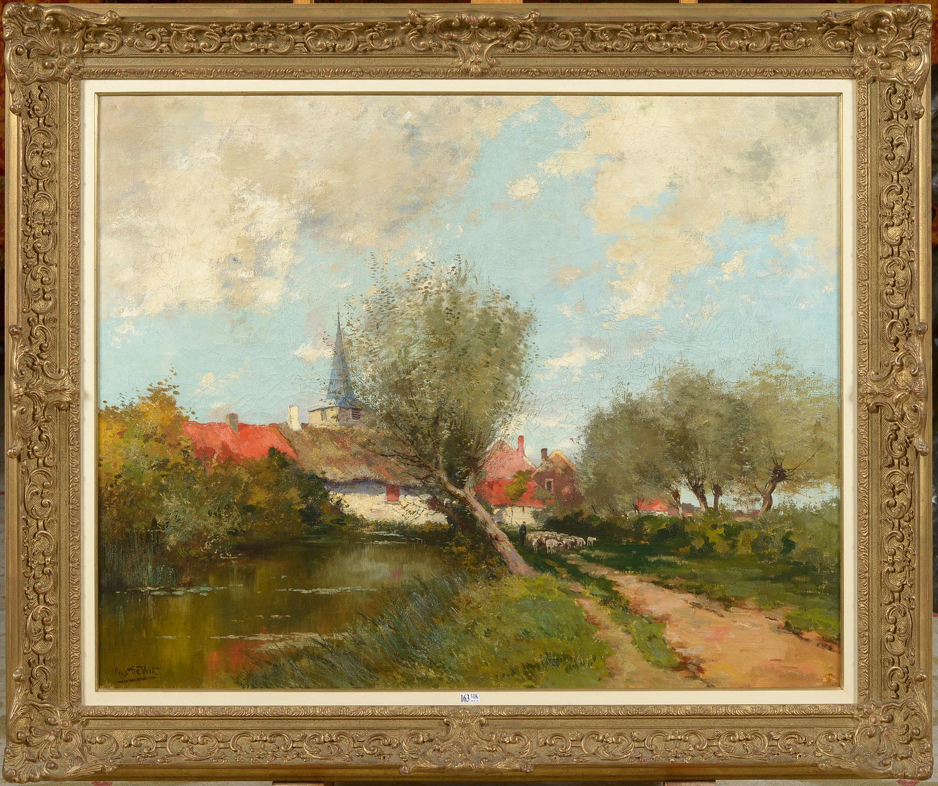 DE WIT Prosper (1862 - 1951) 布面油画《通往钟楼的沿河小路》。签名左下：Pros. De Wit.比利时的学校。尺寸：+/-81x1&hellip;