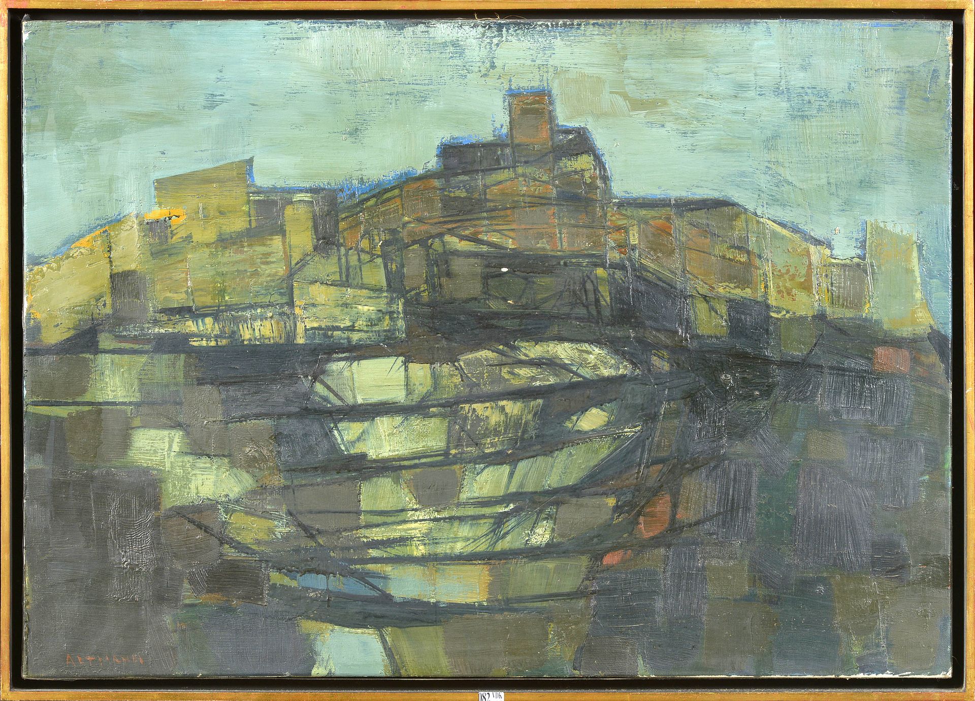 ALTMANN Gérard (1923 - 2012) 布面油画《城市几何构成》。左下角署名：Altmann。法国学校。(轻微的崩裂和一个小的打击)。尺寸：+&hellip;