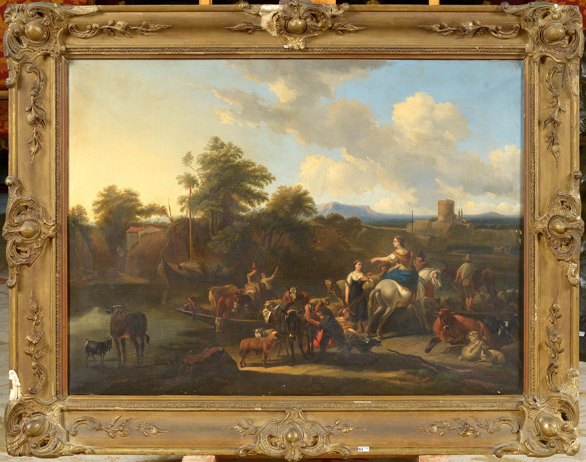BERCHEM Nicolas (1620 - 1683). Dans le goût de. 布面油画《渡河》。在尼古拉-贝赫姆的品味中。荷兰学校。年代：19&hellip;
