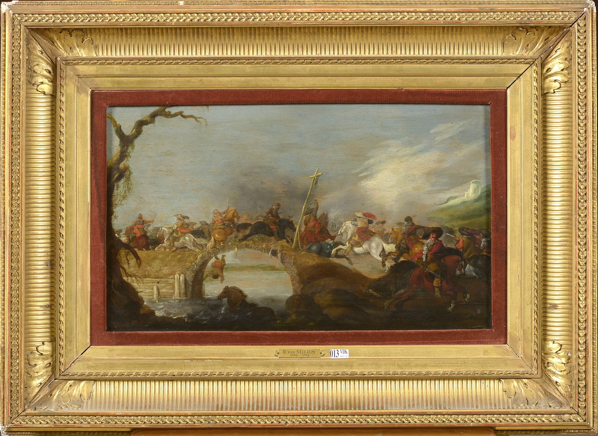 VAN MIERIS Frans (1689 - 1763). Attribué à. Olio su tavola di quercia "La battag&hellip;