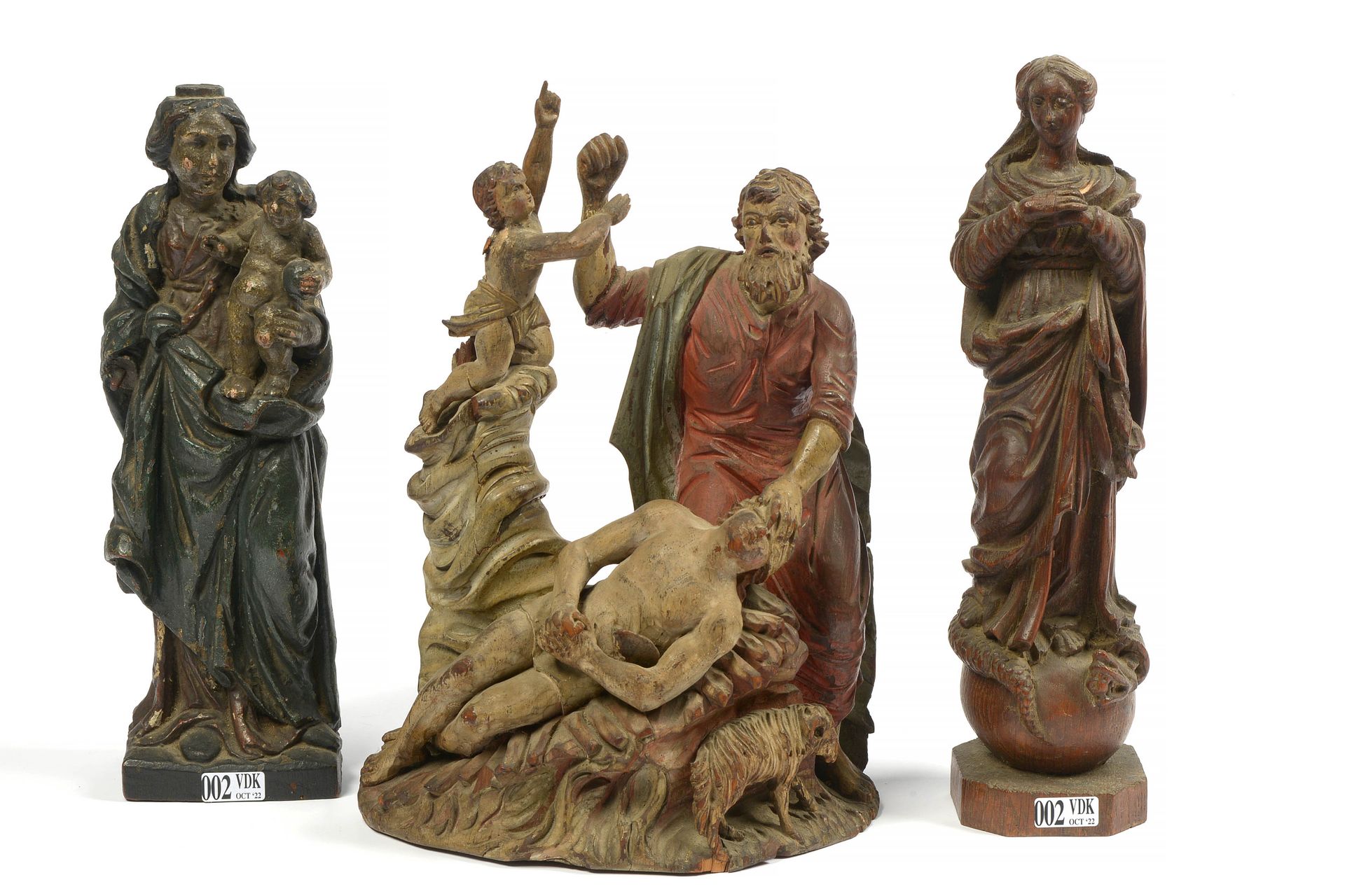 Null 三件雕塑，包括："圣母与儿童"，"无玷污 "和 "治愈盲人"，都是用雕刻和多色的木头制作。年代：17-18世纪（小姐，*和**）。高度：+/-28.5&hellip;