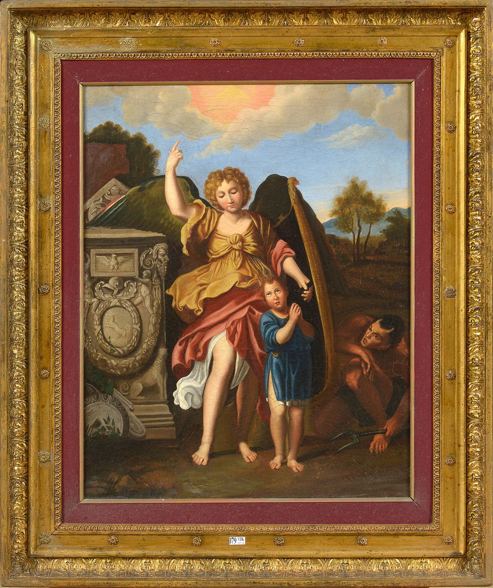ZAMPIERI Domenico dit LE DOMINIQUIN (1581 - 1641). D'après. 镶嵌在画布上的油画《守护天使》。在多米尼&hellip;