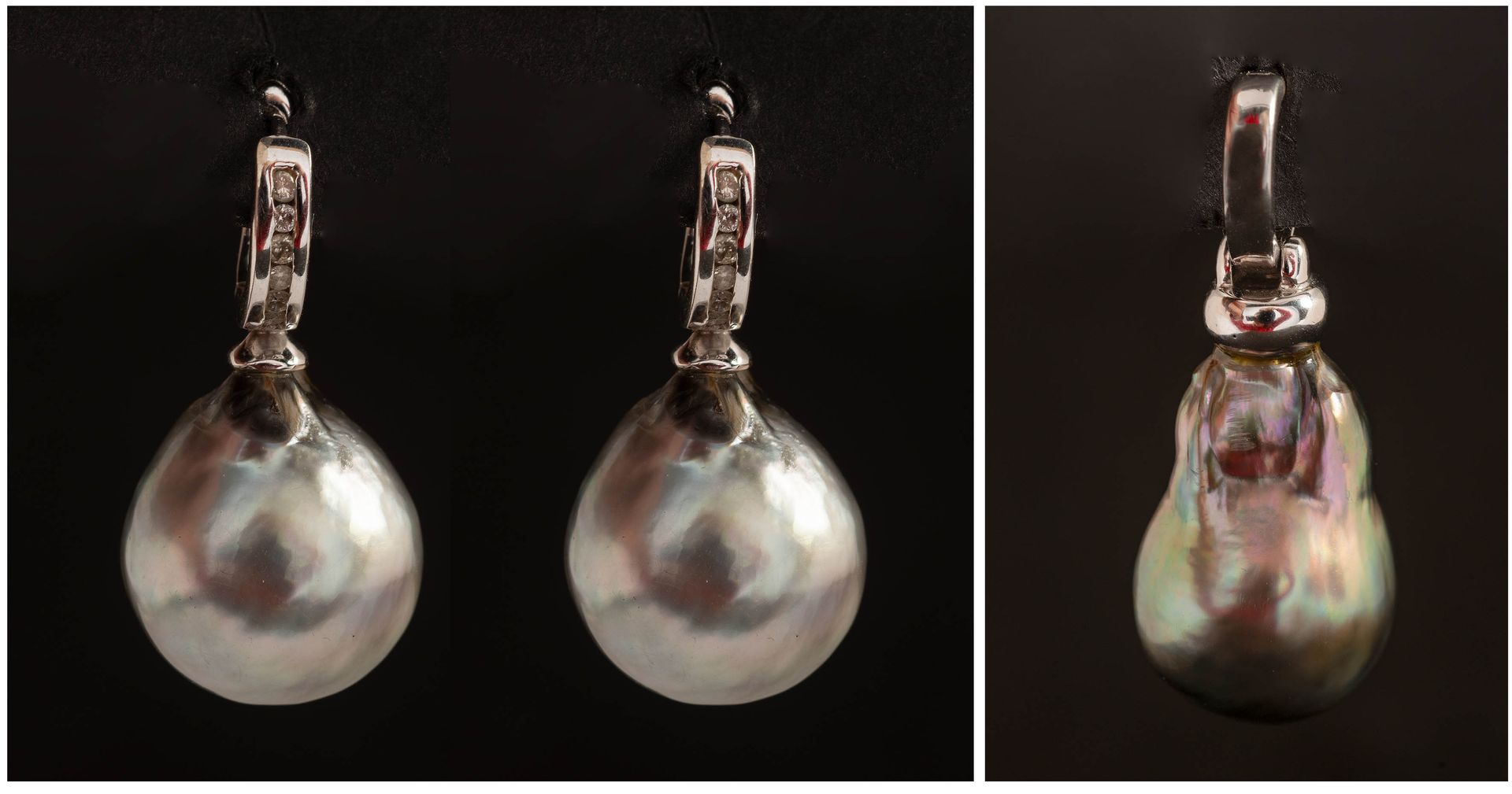 Null 三件珠宝：一对14K白金耳环，镶嵌灰色大溪地珍珠和明亮式切割钻石，以及一个14K白金吊坠，镶嵌灰色大溪地珍珠。L./+/-2.8厘米和3.2厘米。总重&hellip;