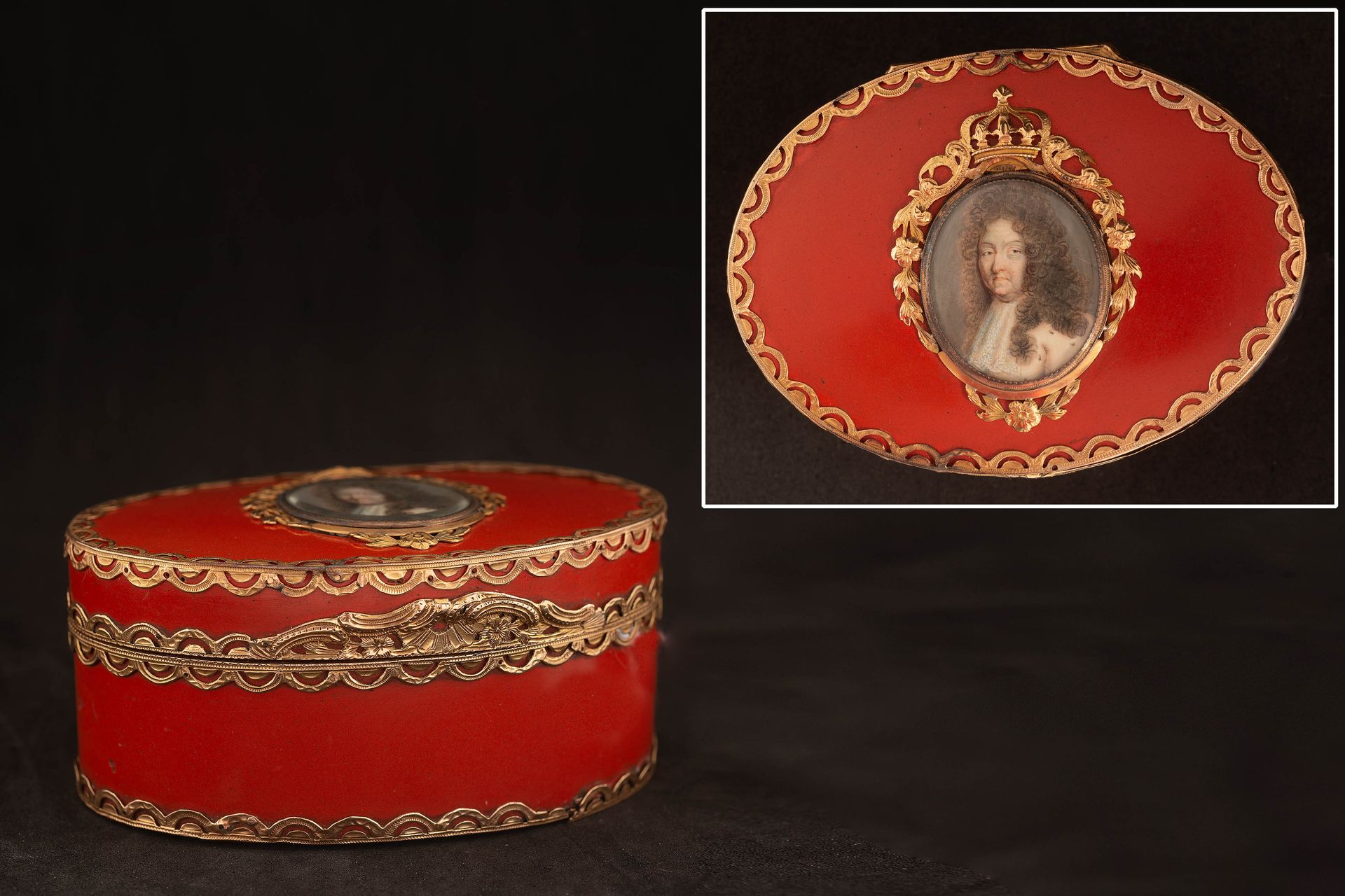 Null 美丽的红色玳瑁的椭圆形盒子，有一个黄金框架（有标记），装饰有代表 "路易十四 "的彩绘微缩图，框架上有皇冠。法国的工作。时期：十七世纪末至十八世纪初（&hellip;
