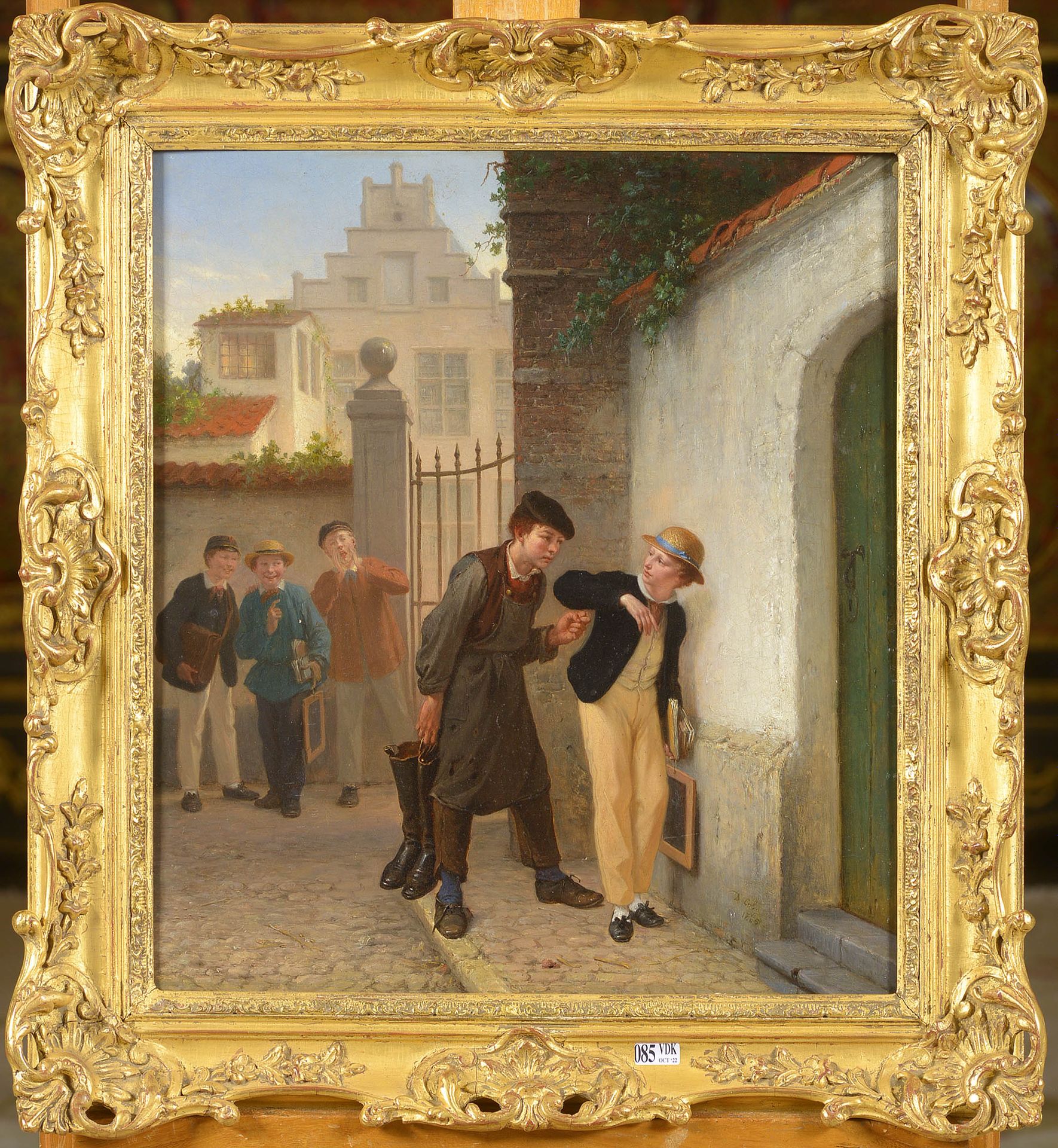COL DAVID (1822 - 1900) 油画 "A la sortie des classes"。墙上右下方有D.Col的签名和1865年的日期。比利时&hellip;