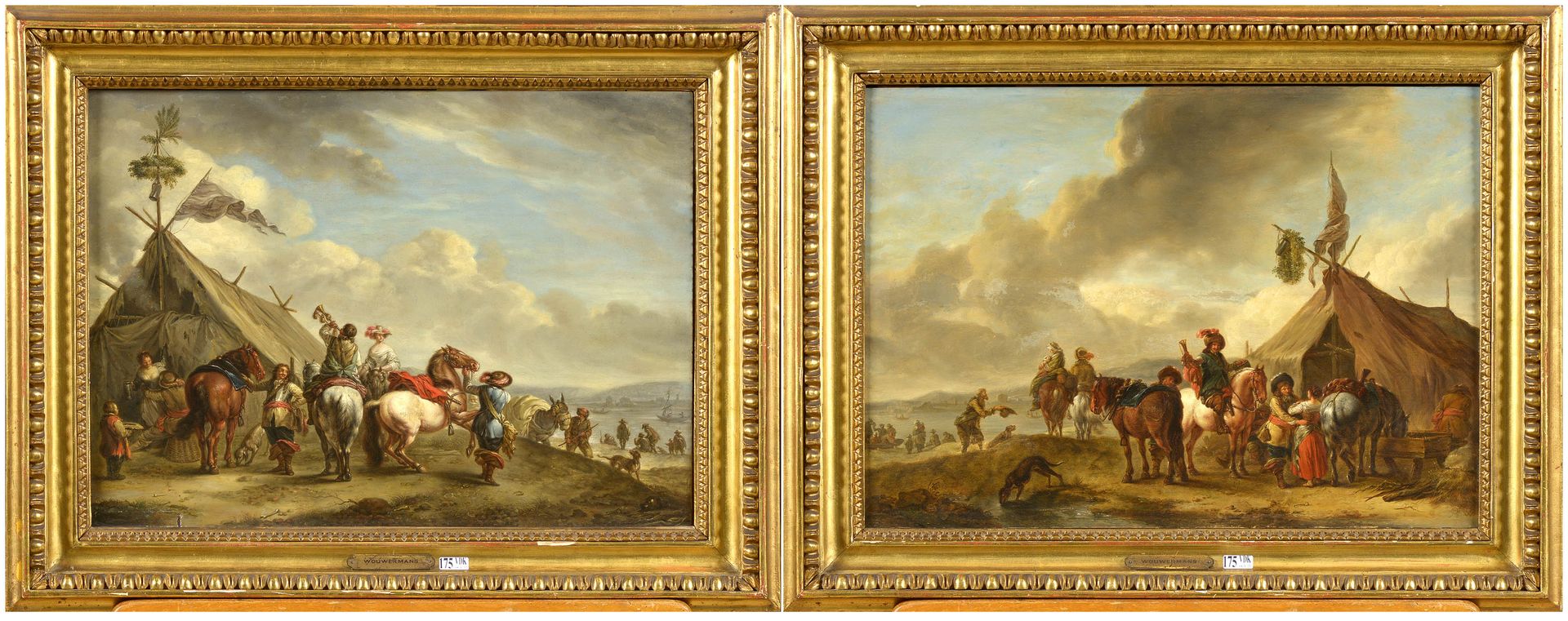 WOUWERMAN Philips (1619 - 1668) 镶木板上的一对油彩 "骑兵在营地的停顿"。一个右下角有Phls.W.的字样，代表Philips &hellip;