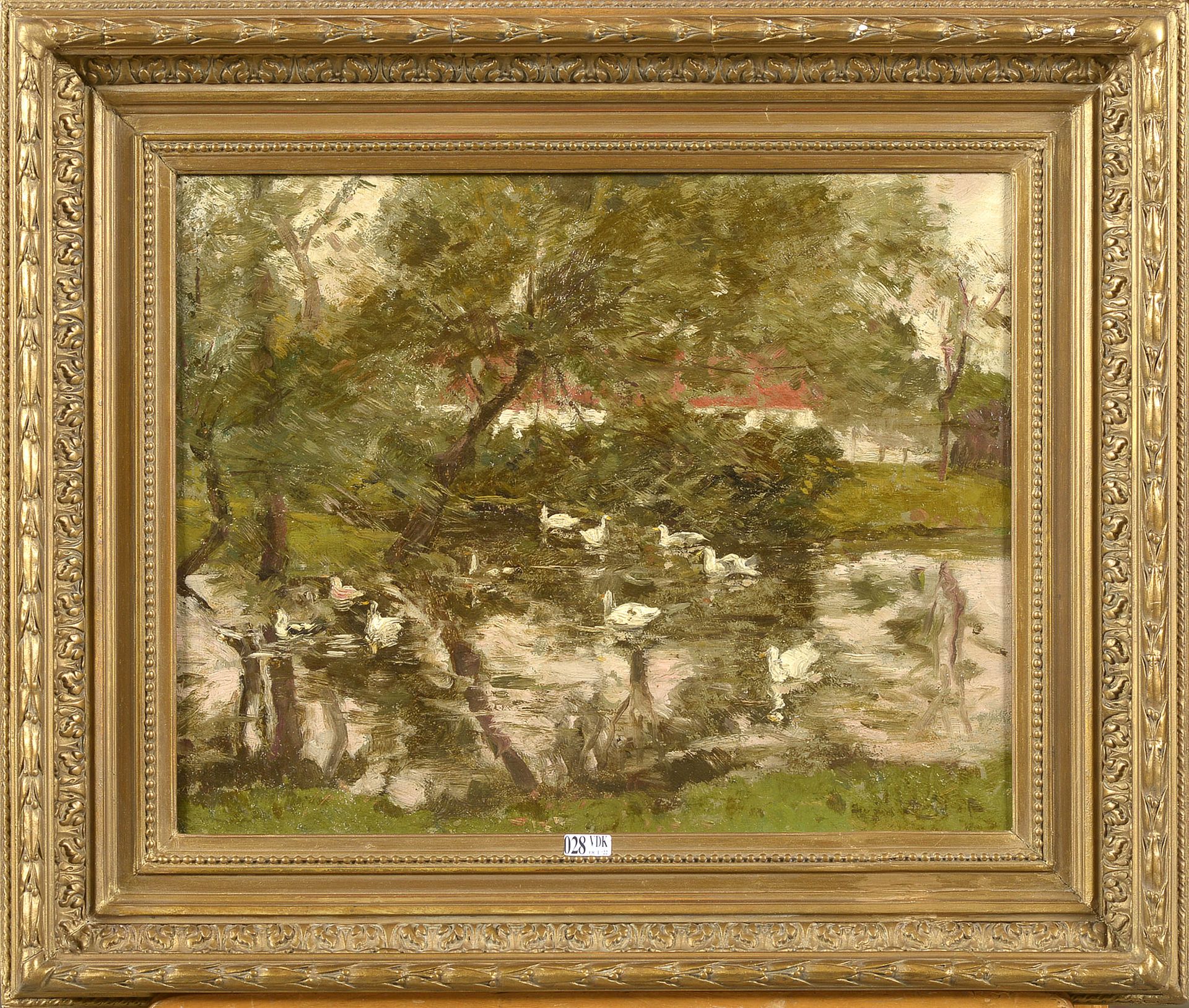 DEGREEF Amédée (1878 - 1969) 布面油画《湖上的鹅》。签名右下：Amédée Degreef。比利时的学校。尺寸：+/-37,3x46&hellip;
