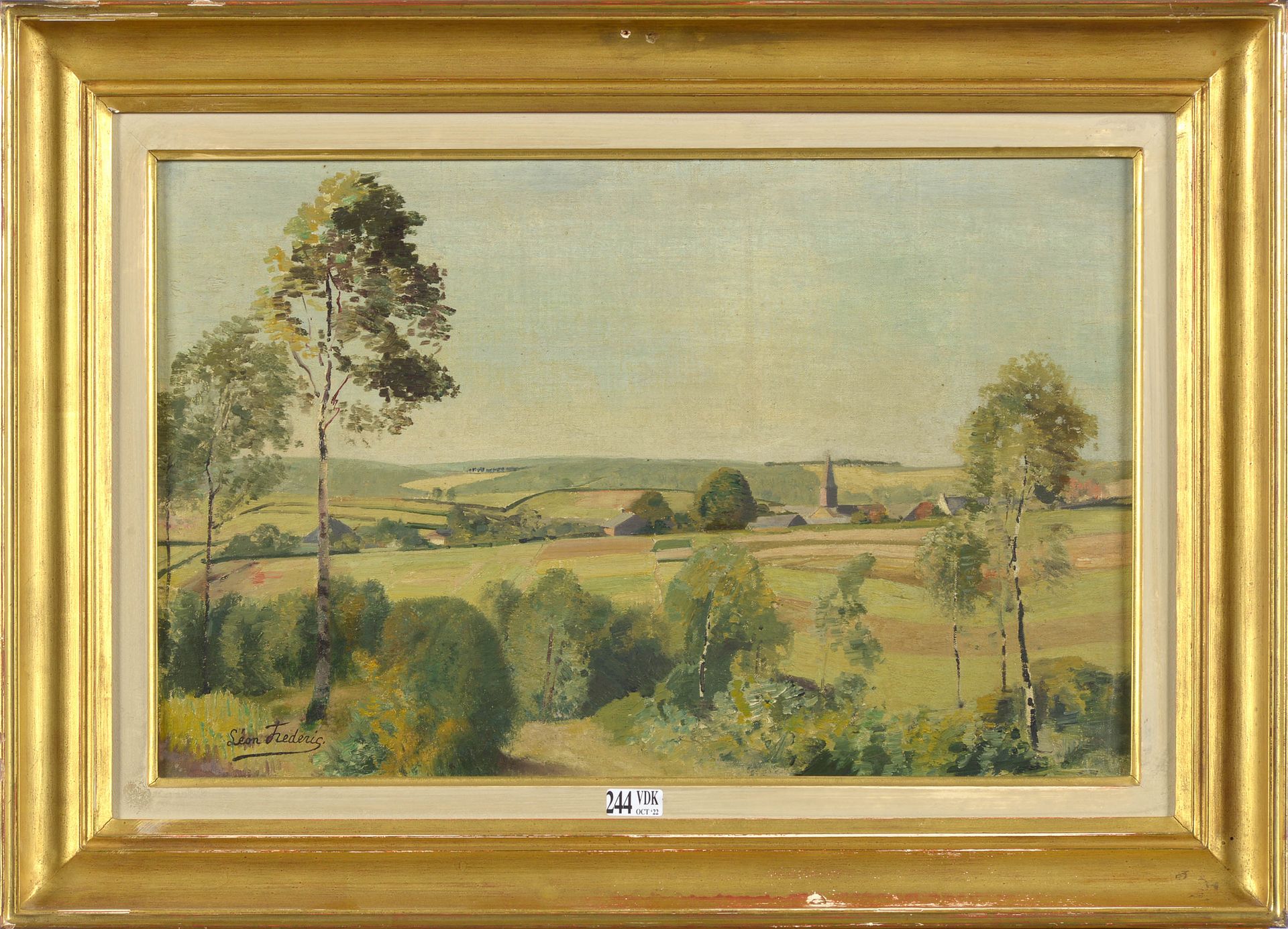 FREDERIC Léon (1856 - 1940) Oil on canvas mounted on panel "Country landscape". &hellip;