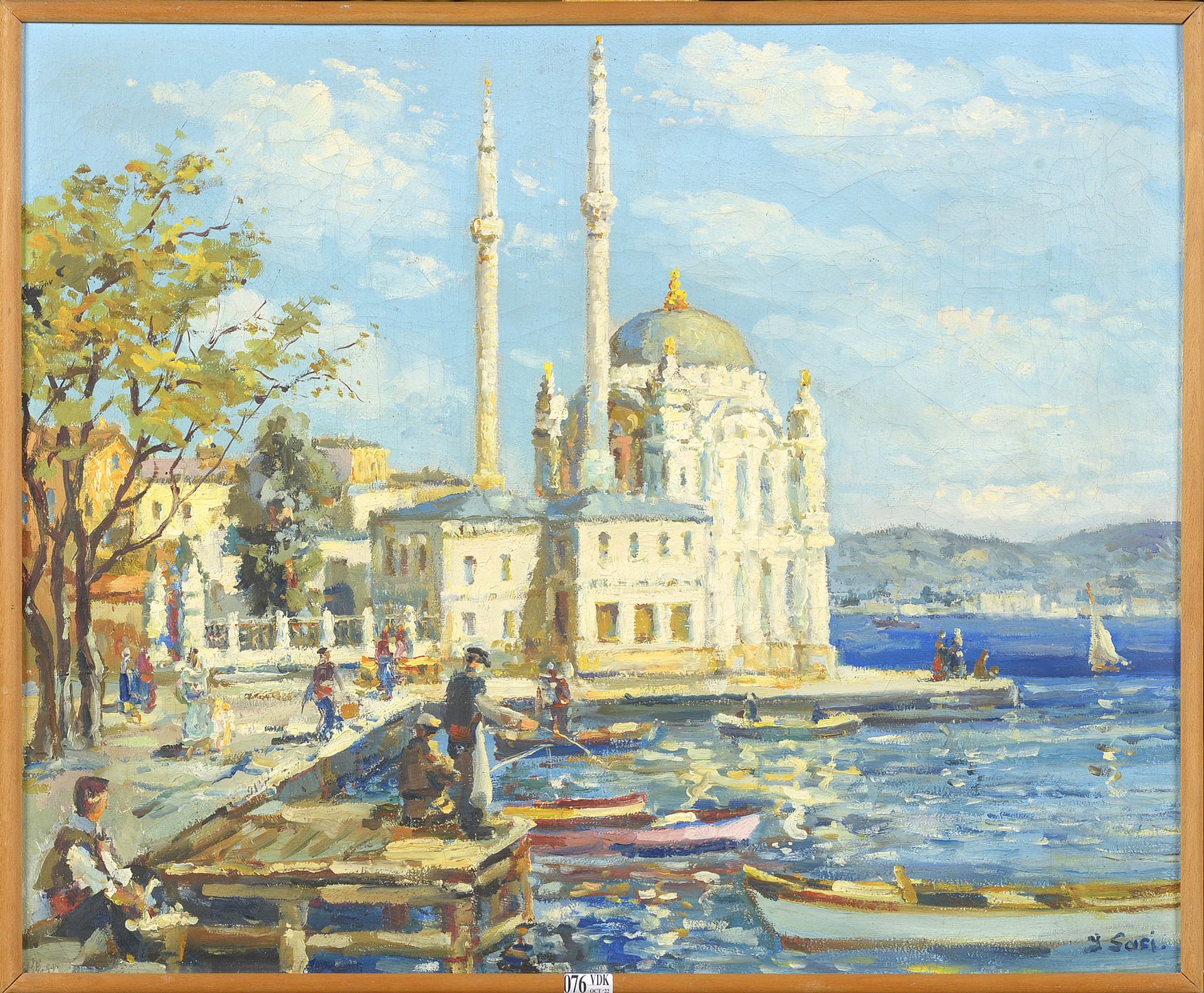 SAFI Ibrahim (1898 - 1983) 布面油画《伊斯坦布尔博斯普鲁斯海峡岸边的奥塔科伊清真寺景观》。签名右下：Safi。阿塞拜疆学校。尺寸：+/&hellip;