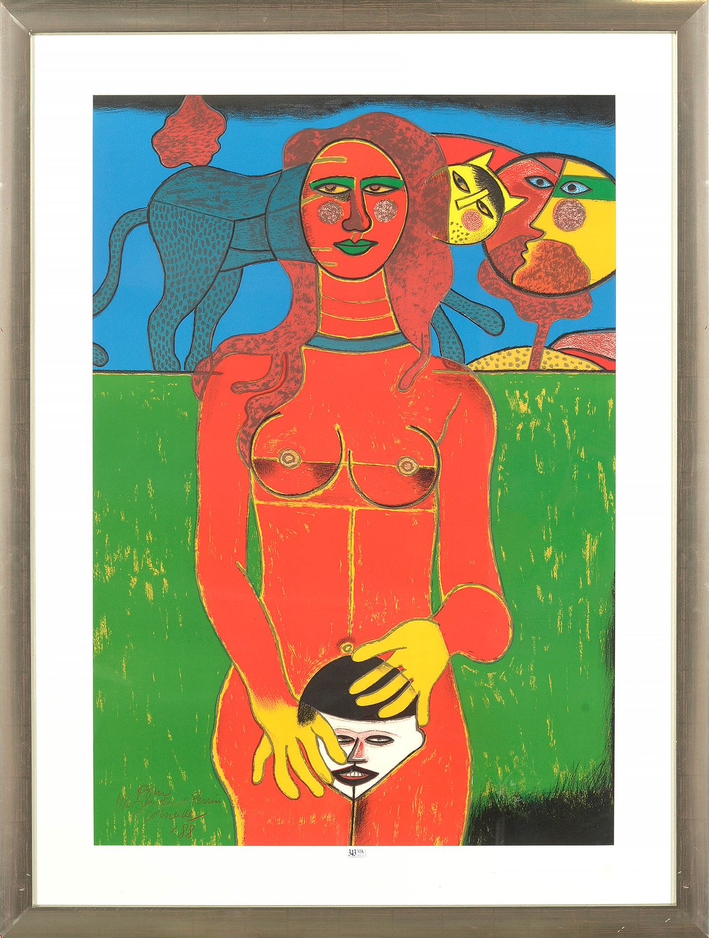 CORNEILLE (1922 - 2010) "手持面具的裸体女人 "大型纸上彩色石版画。左下角有签名、日期和题词 致让-克劳德-佩兰，科内尔（19）88。注&hellip;