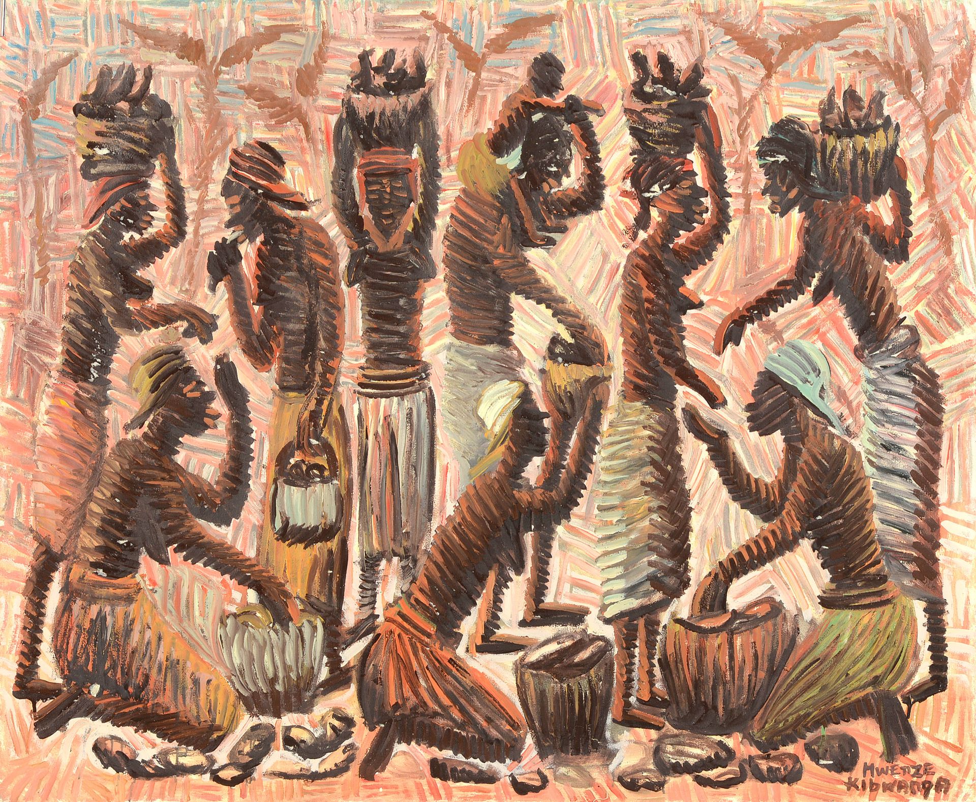MWENZE Kibwanga (1924 - 1999) Olio su tela non montata "Scena di mercato". Firma&hellip;