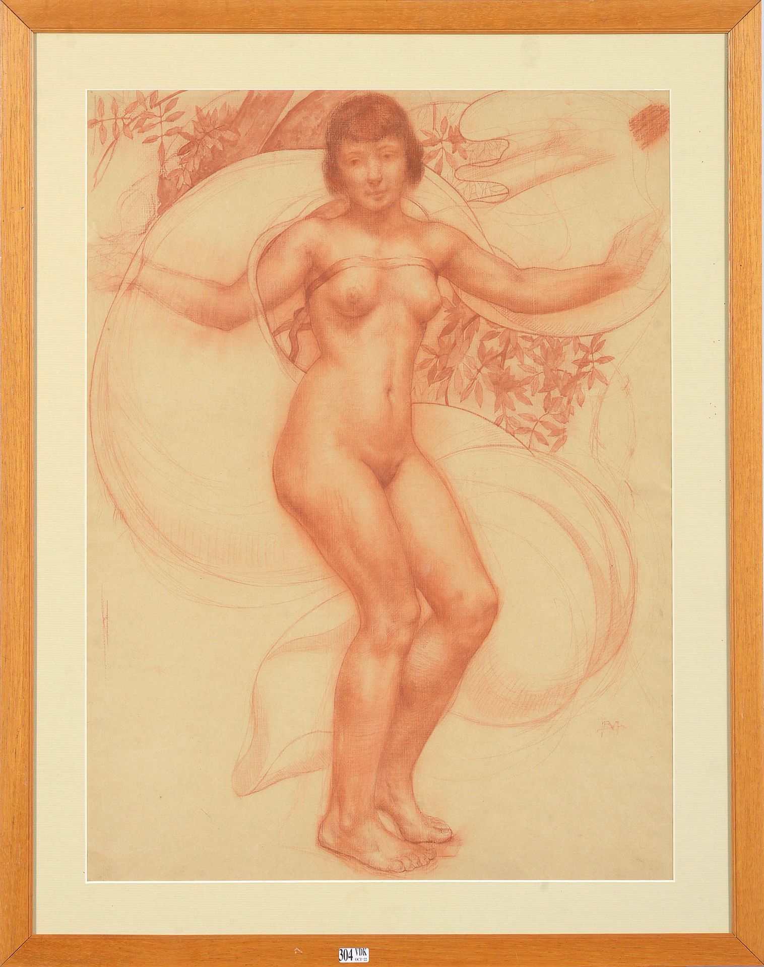 Null "Female art deco nude" 红色粉笔和水洗纸上。右下角有Monogrammed FM (?)。时期：1920年左右。尺寸：+/-67&hellip;