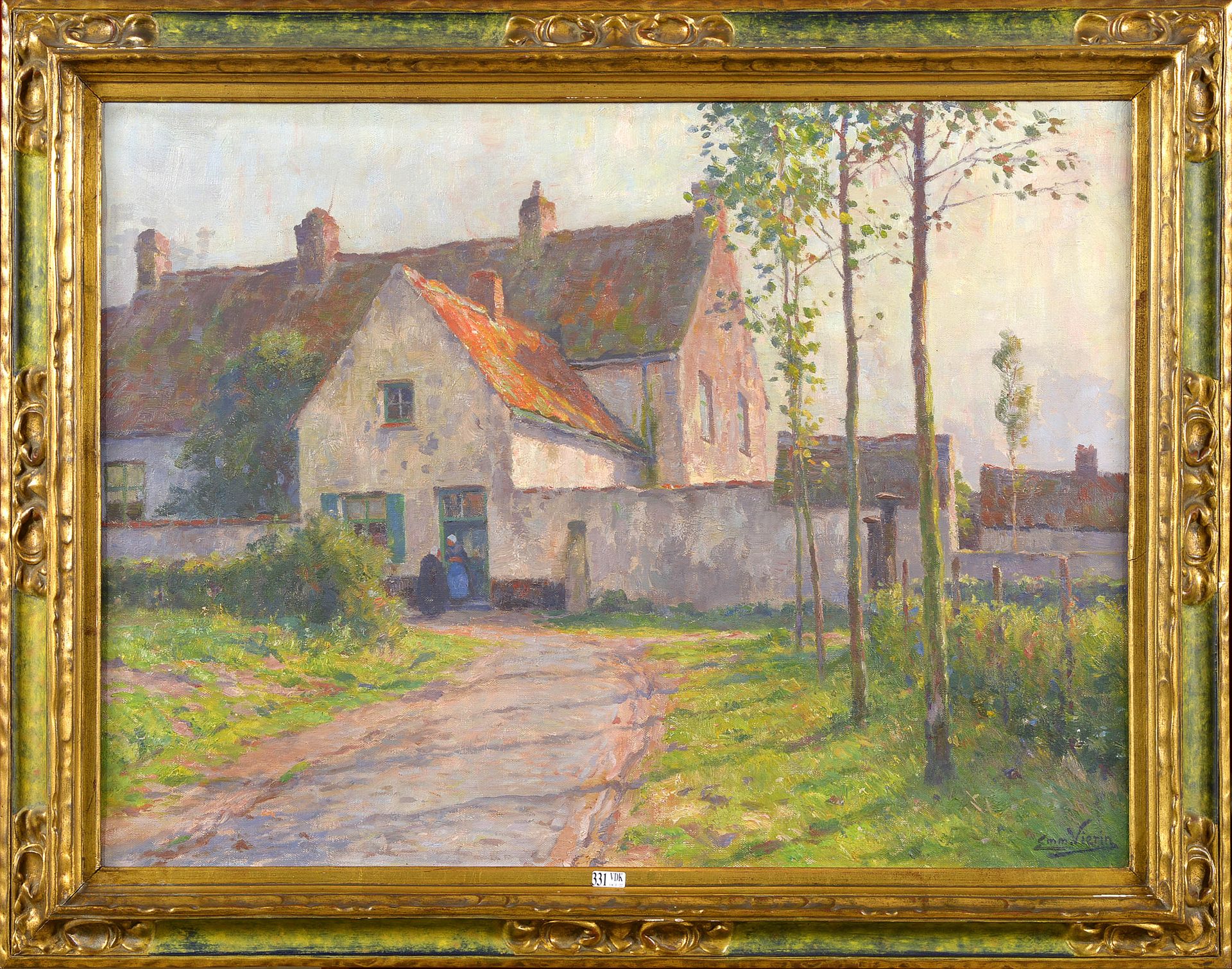 VIERIN Emmanuel (1869 - 1954) 布面油画 "Les confidences sur le pas-de-porte"。右下角签有Em&hellip;